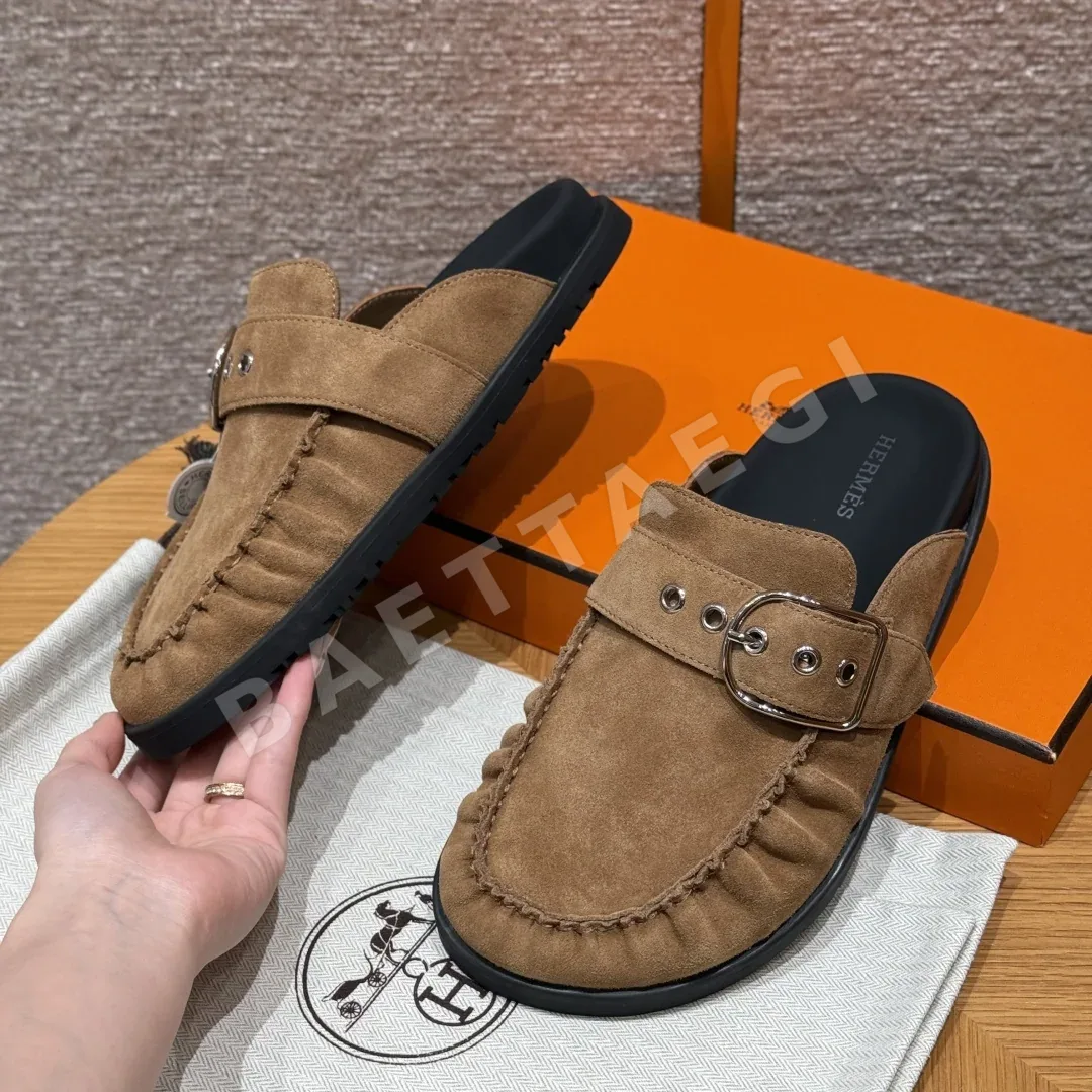 에르메스 키 뮬 샌들 내추럴 샤모아 실버 하드웨어 상세 이미지 3