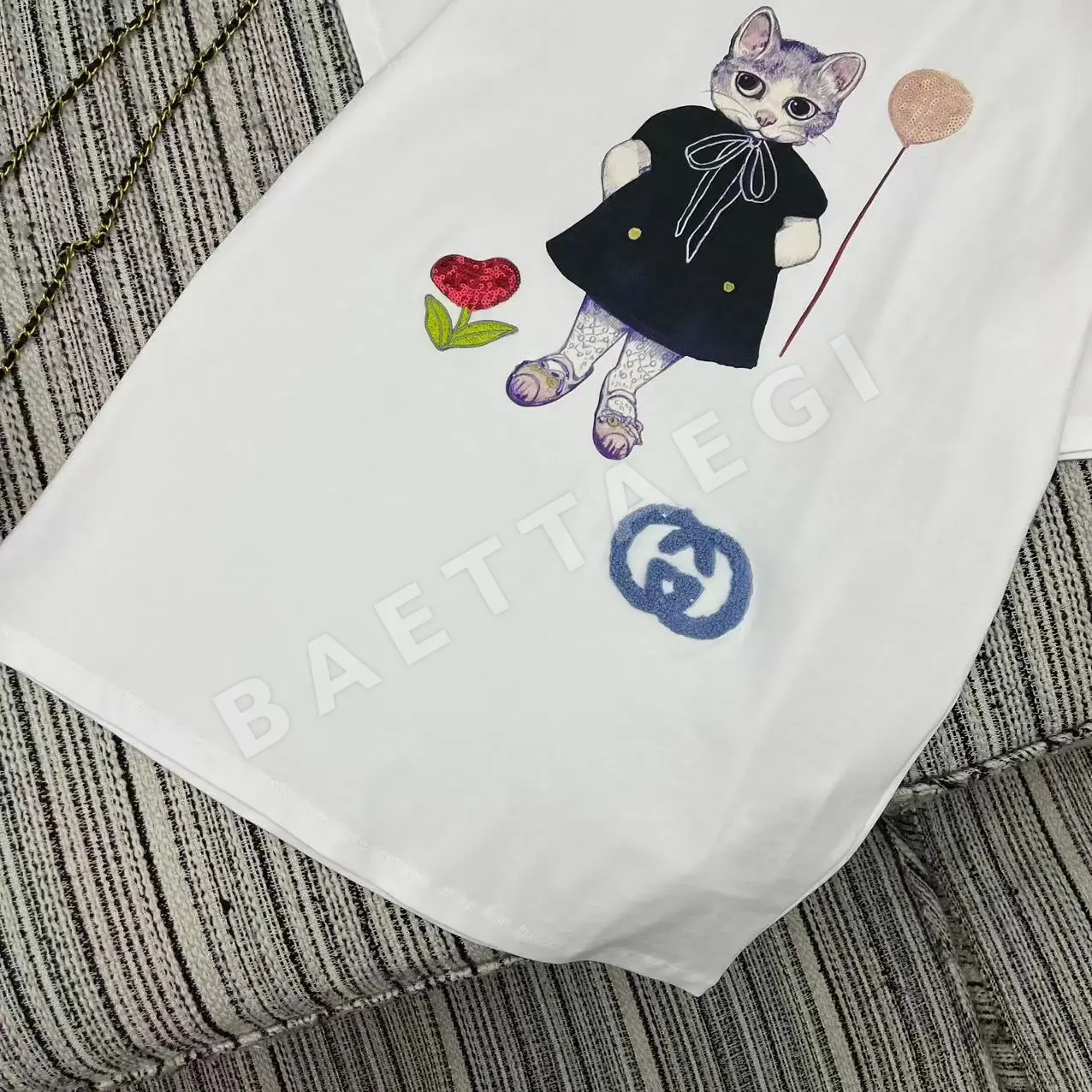 구찌 비즈 자수 새끼 고양이 라운드넥 반팔 티셔츠 상세 이미지 6