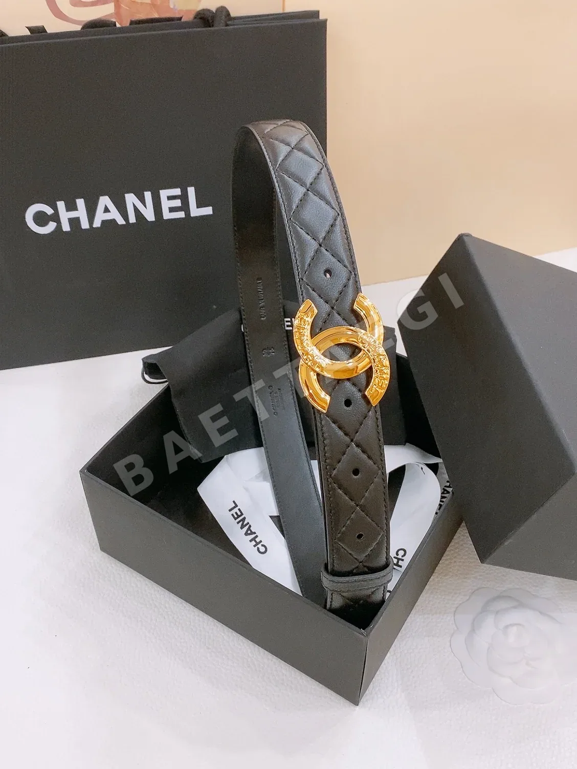 샤넬 더블 C 금장 램스킨 다이아몬드 패턴 가죽 벨트 58457