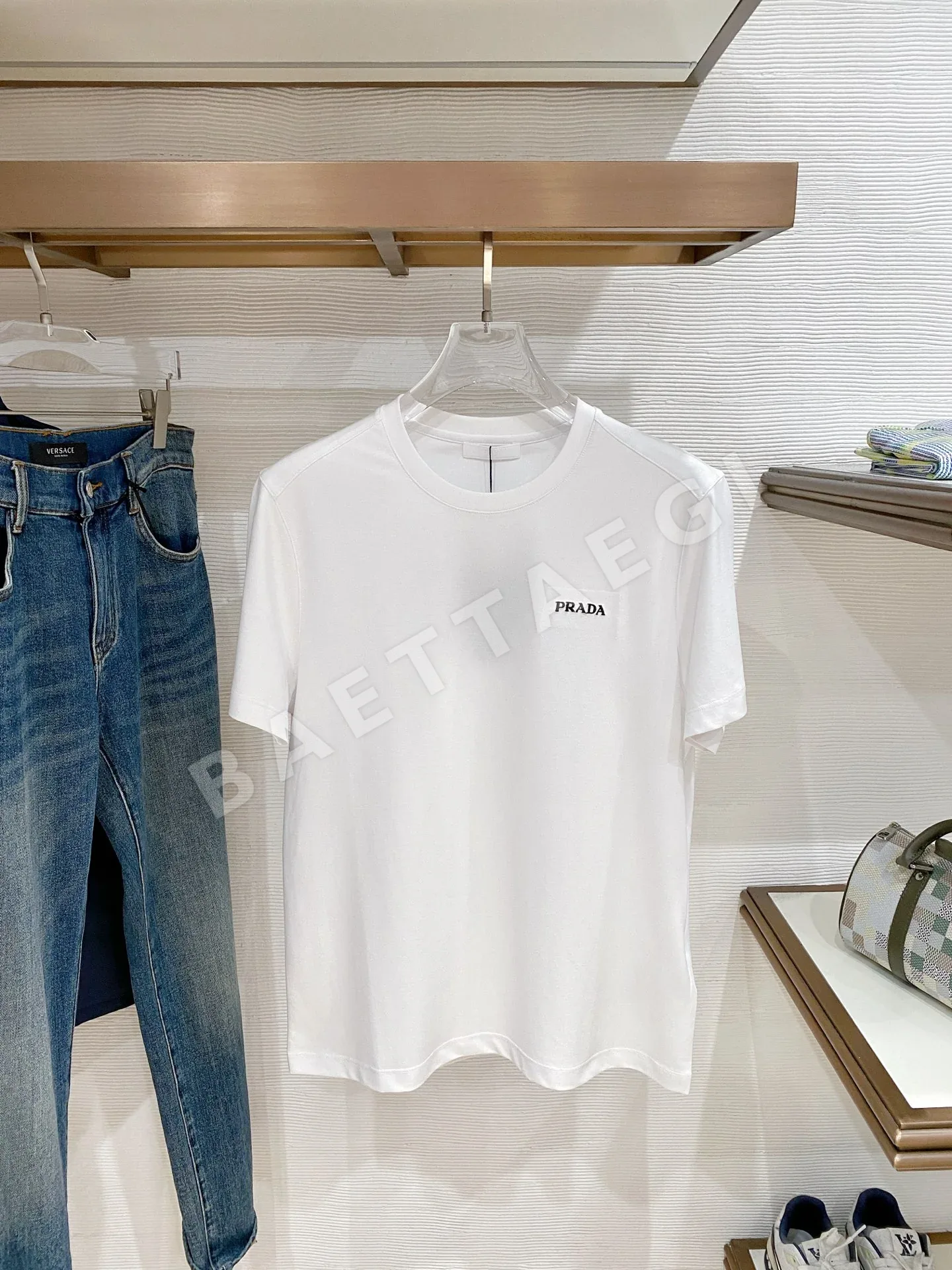 프라다 크루넥 양면 머서라이즈드 코튼 남성 반팔 티셔츠 127383