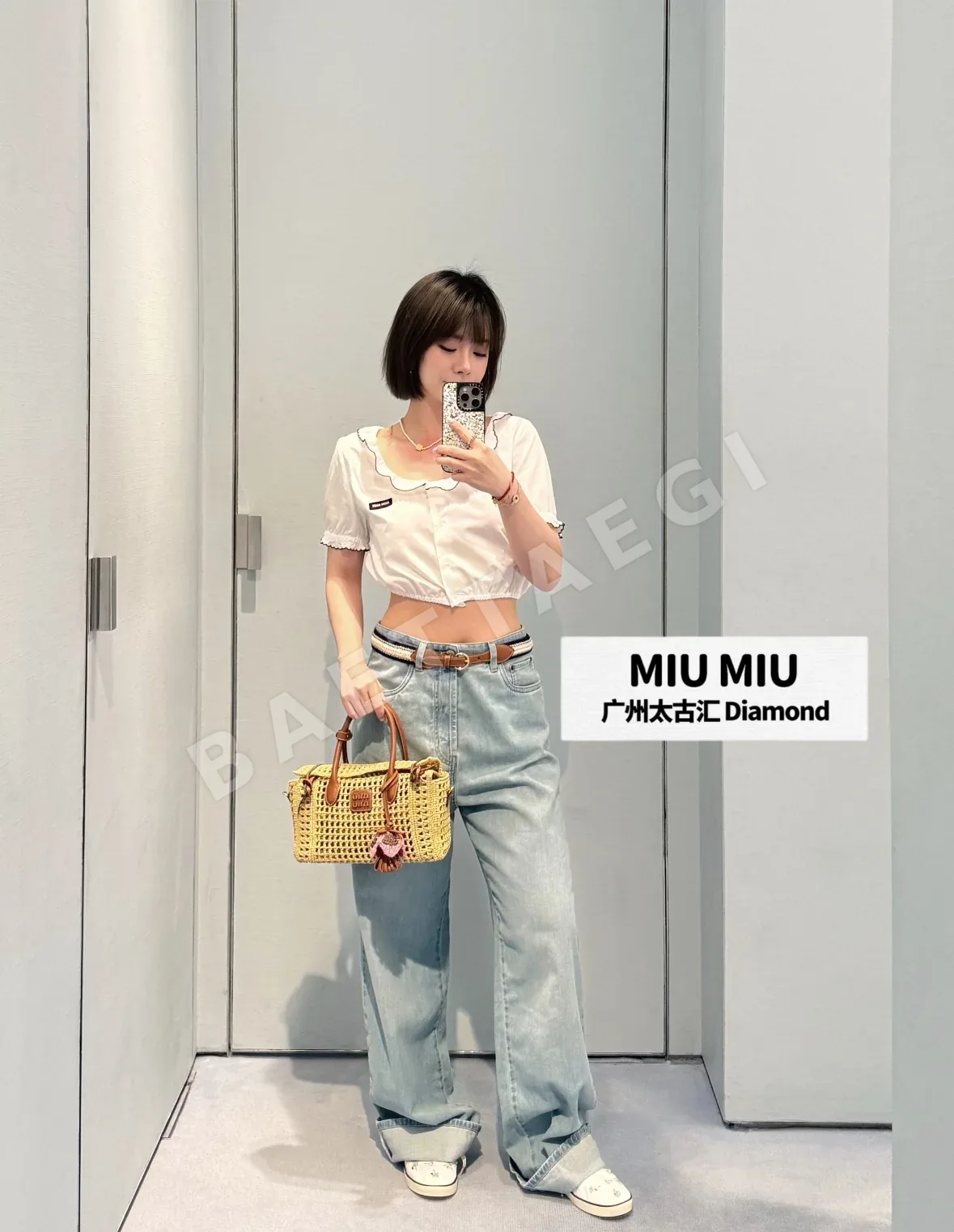 미우미우 레이스 트리밍 반소매 스퀘어넥 셔츠 상세 이미지 5