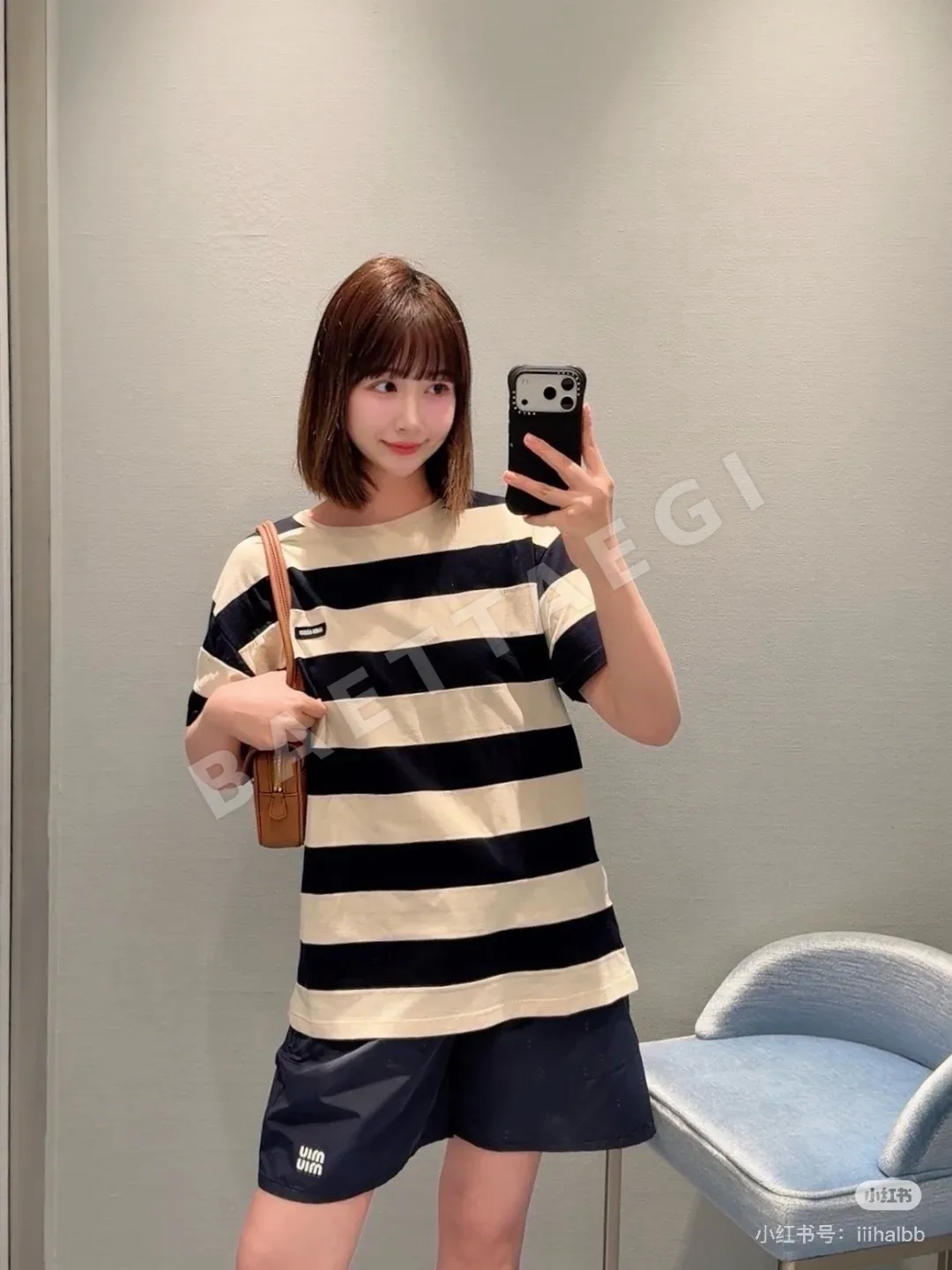미우미우 컬러 블록 스트라이프 반팔 티셔츠 127794