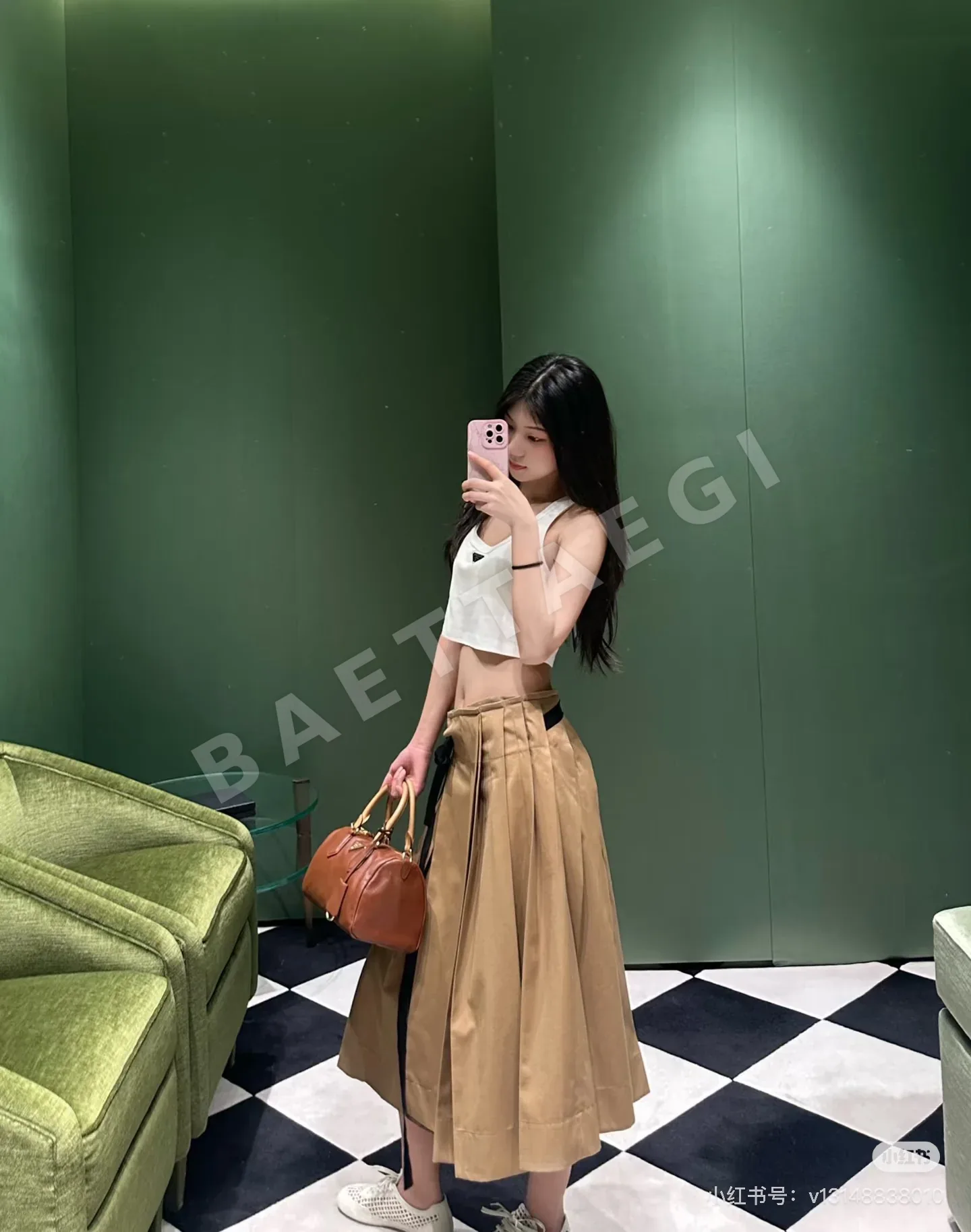 프라다 카키 컬러 블록 플리츠 스커트 상세 이미지 7