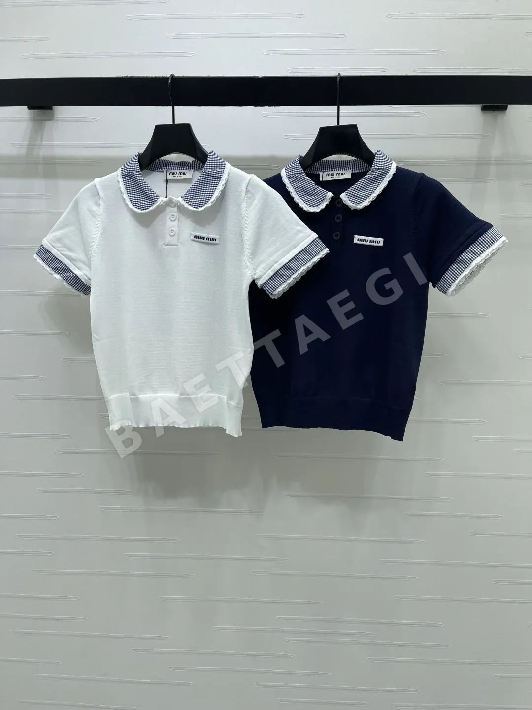 미우미우 피터팬카라 패치워크 니트 반팔 탑 101623