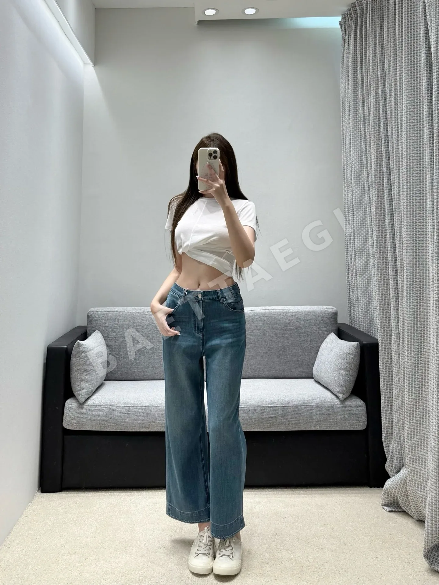 에르메스 라이트 블루 크롭드 플레어 데님 바지 114658