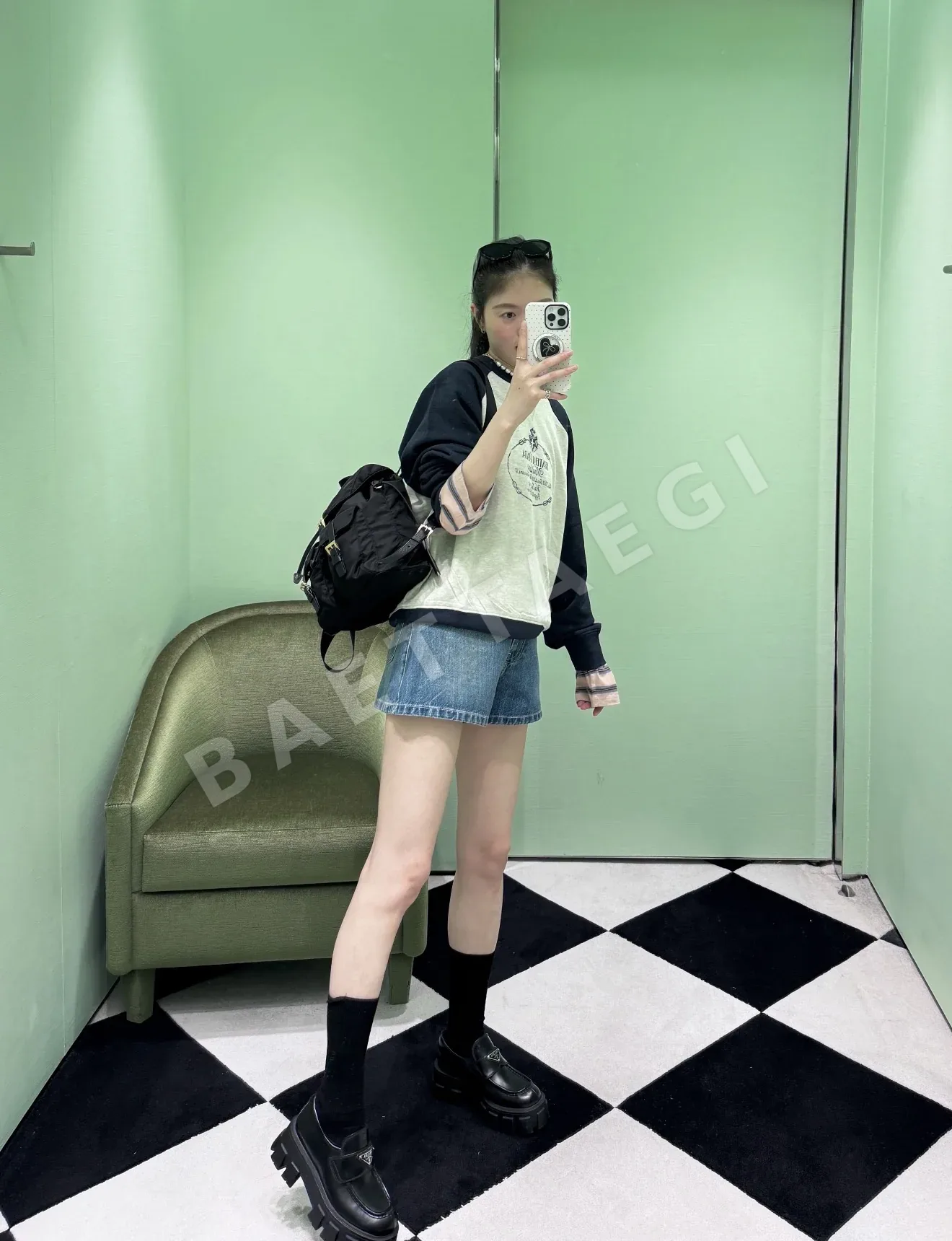 프라다 컬러 블록 코튼 크루넥 긴팔 티셔츠 상세 이미지 6