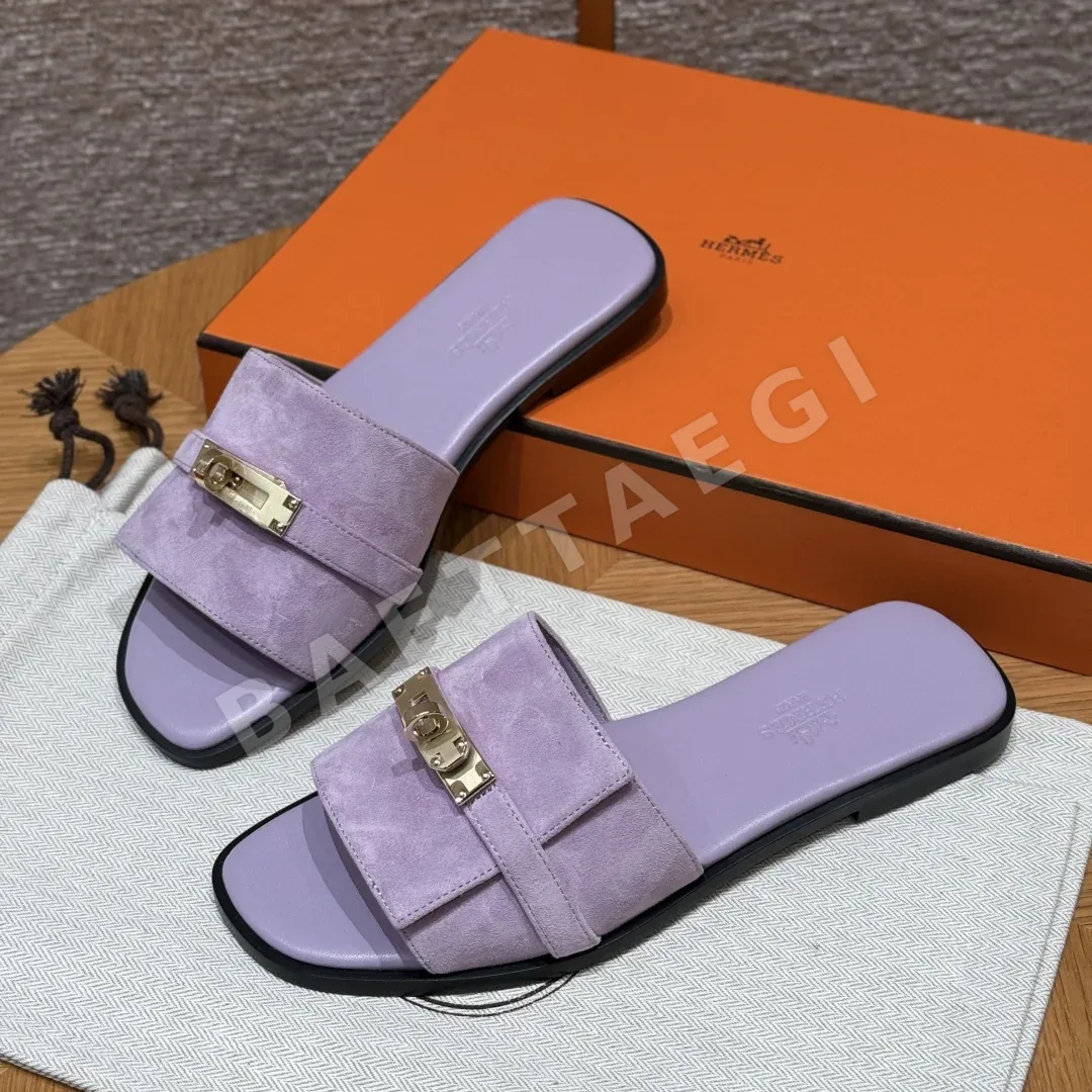 에르메스 줄리아 샌들 보라색 가죽 골드 하드웨어 상세 이미지 2
