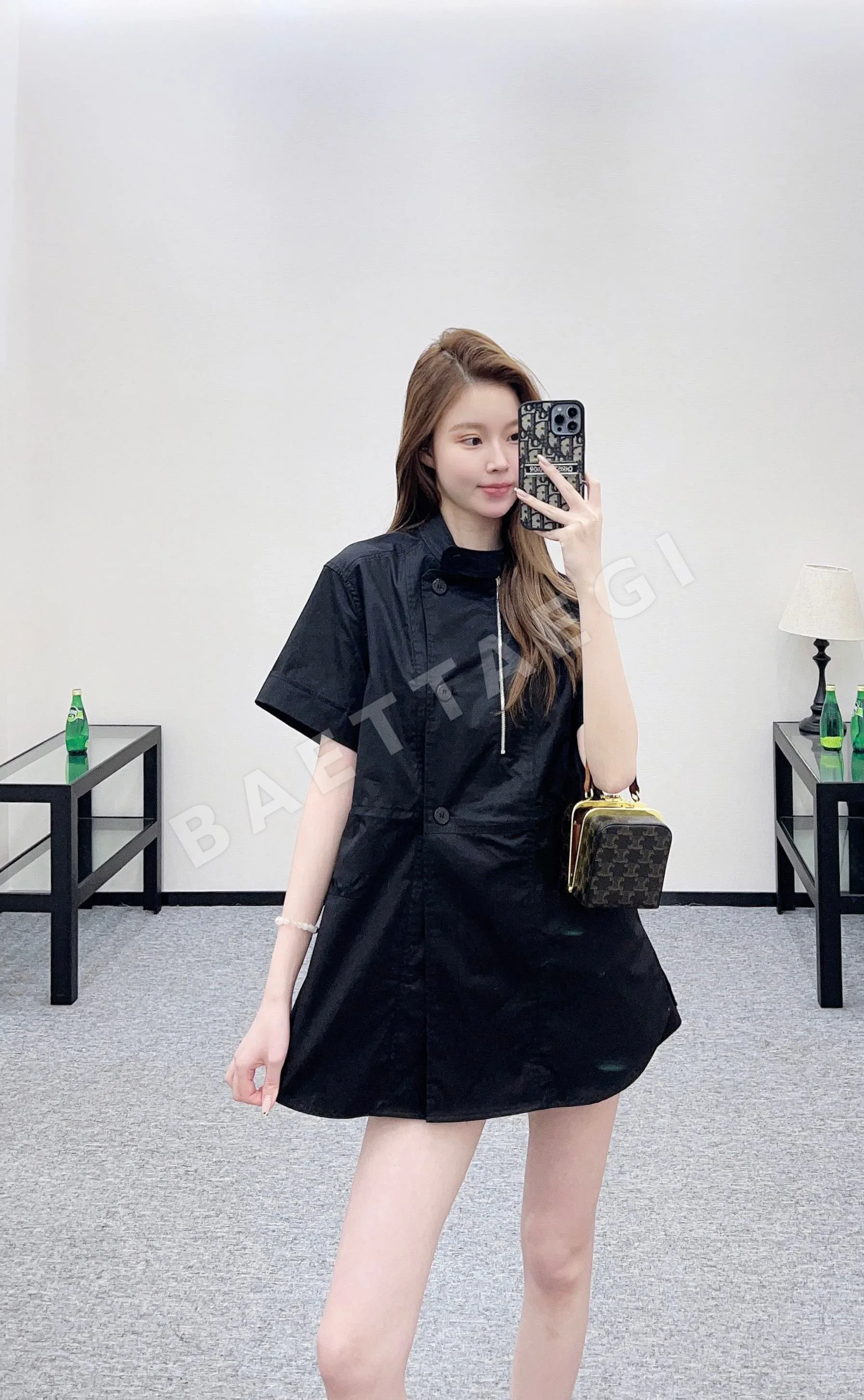 에르메스 스탠드 카라 반소매 코튼 원피스 상세 이미지 3
