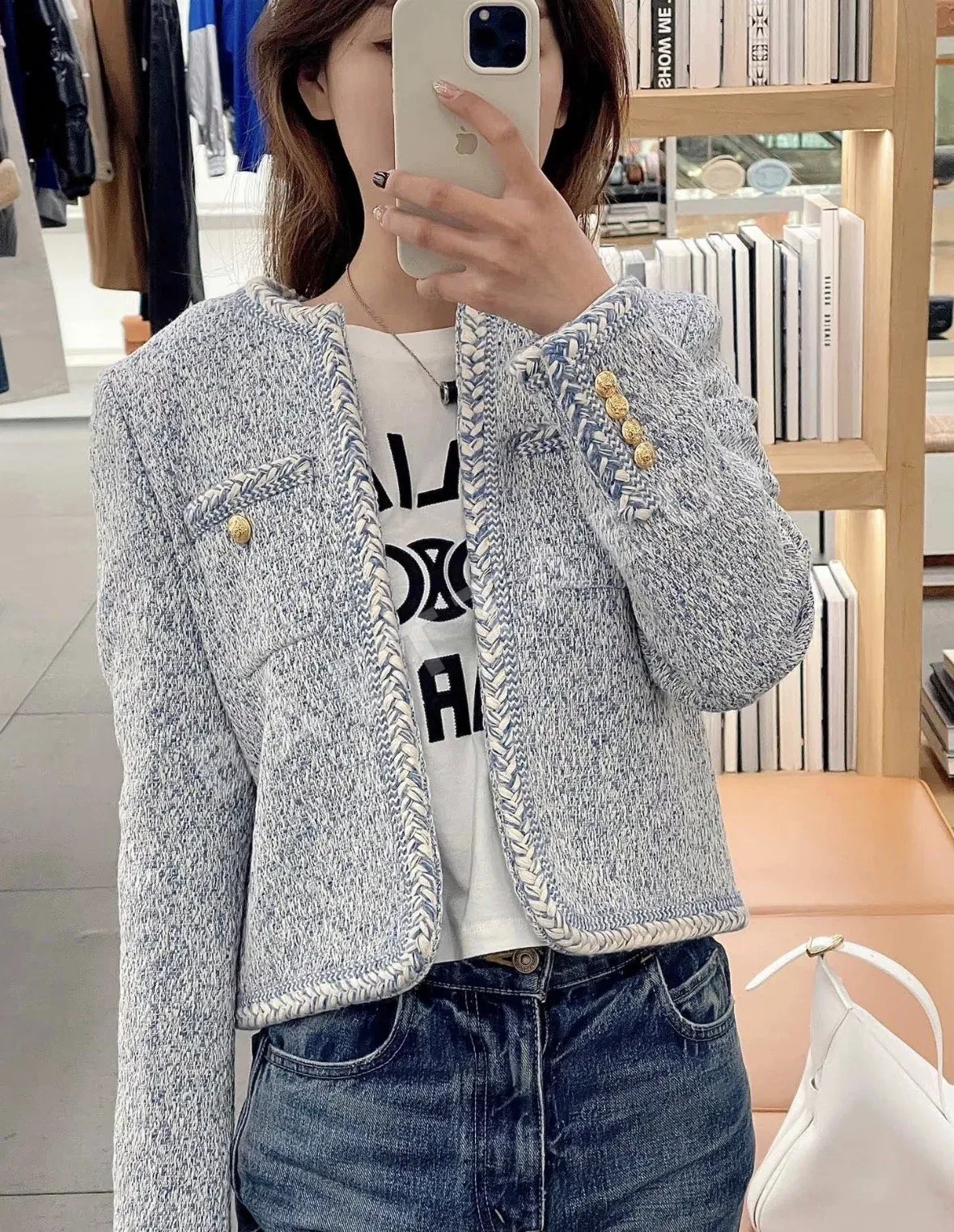 셀린느 그레이셔블루 트위드 크롭 자켓 153627