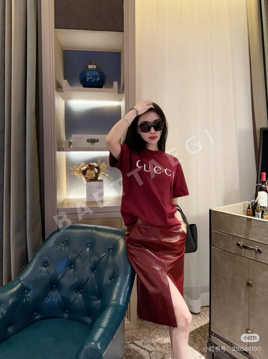 구찌 여성 앙코라 레드 반팔 티셔츠 상세 이미지 3