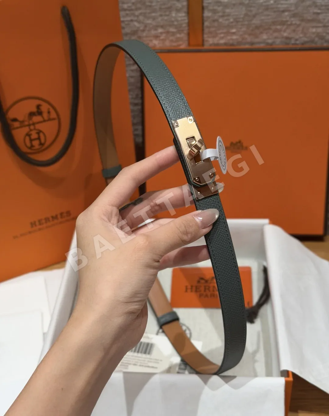 에르메스 켈리 팔라듐 도금 버클 헌터 가죽 벨트 상세 이미지 5