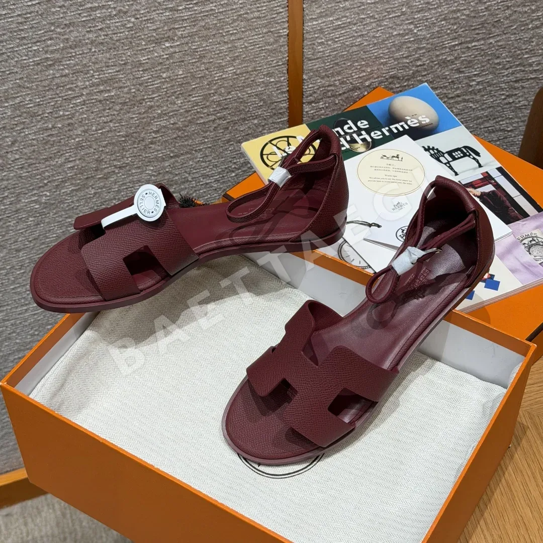 에르메스 산토리니 샌들 레드 가죽 팜 프린트 상세 이미지 3