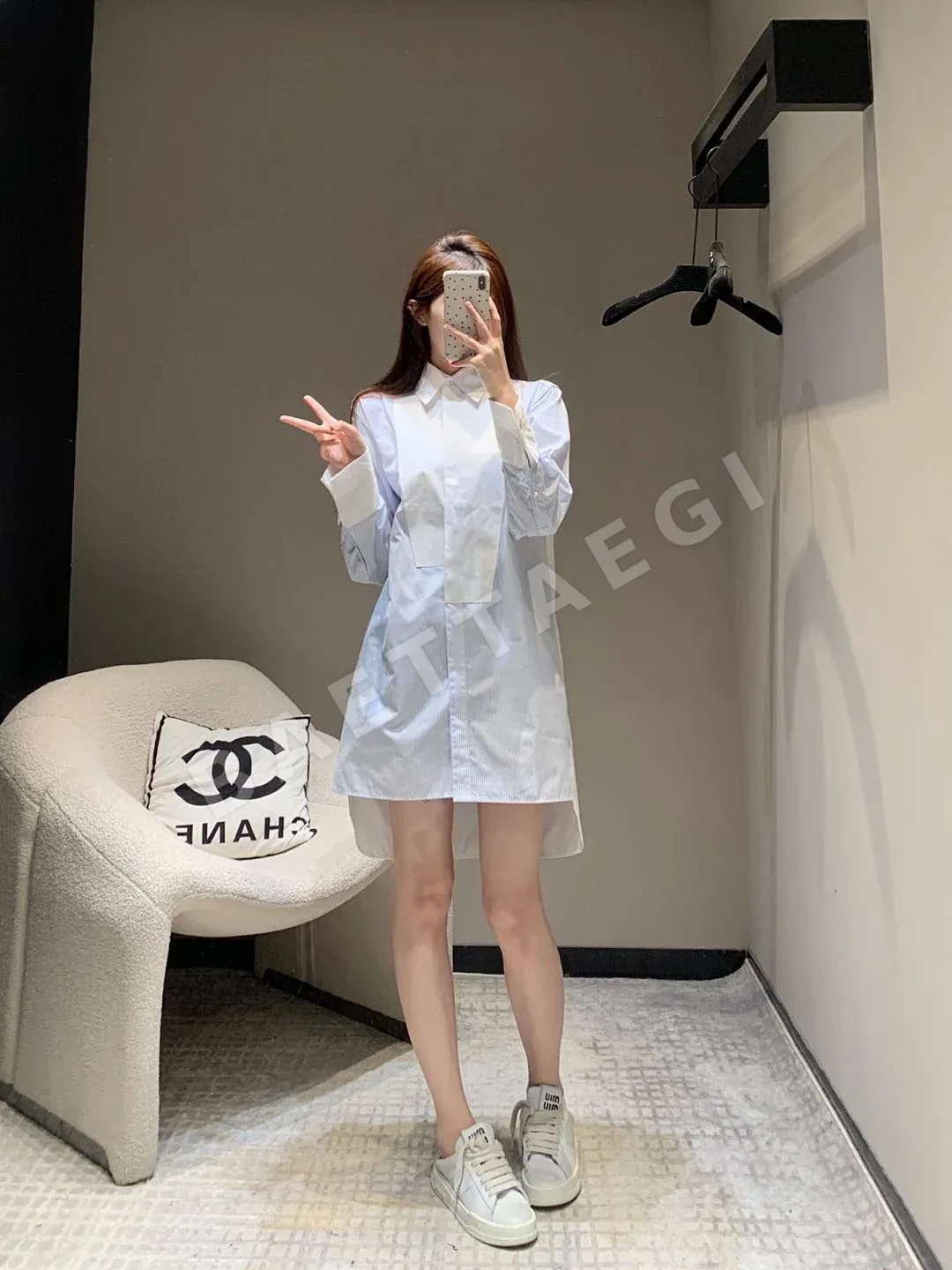 로에베 컬러 블록 스트라이프 롱 셔츠 원피스 96874