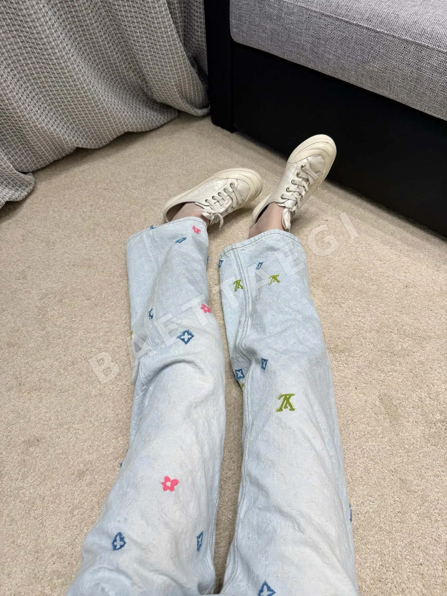 루이비통 라이트 블루 자카드 하이웨스트 플레어 여성 바지 상세 이미지 5
