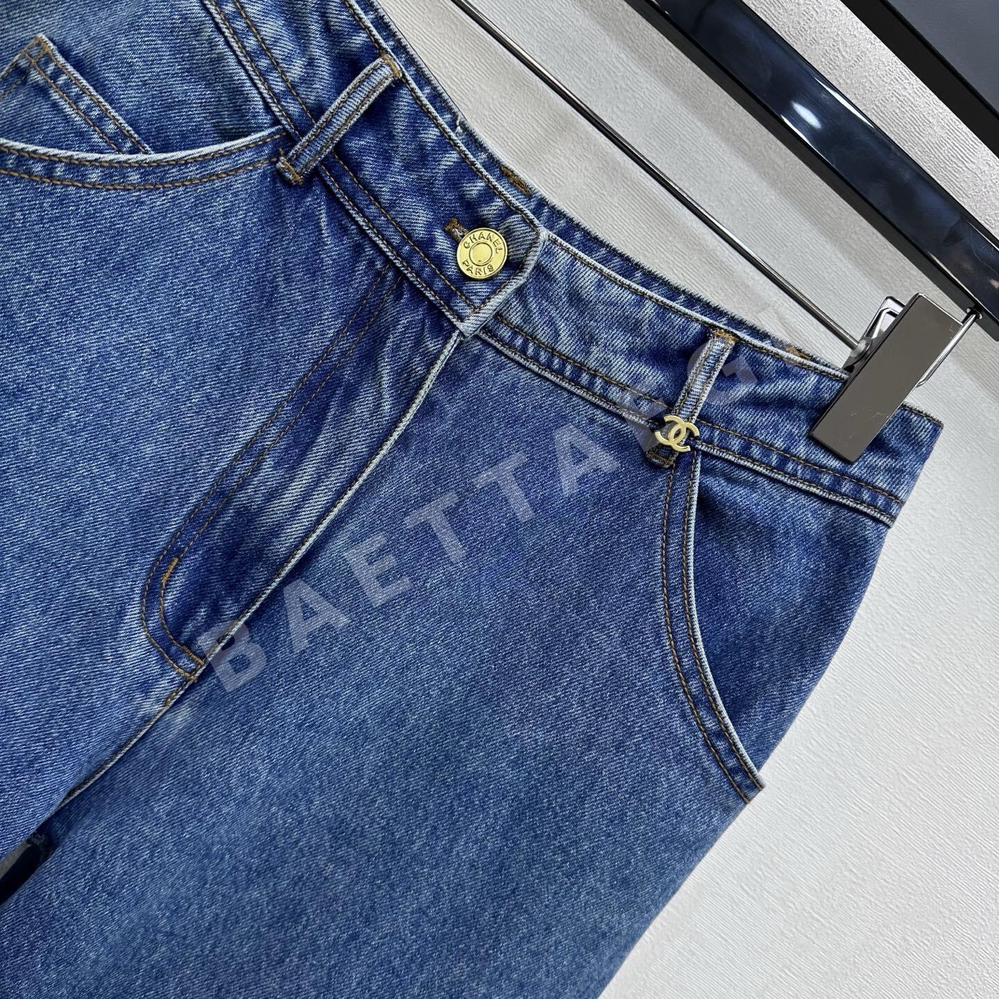 샤넬 자수 하이웨스트 스트레이트 레그 데님 바지 상세 이미지 3