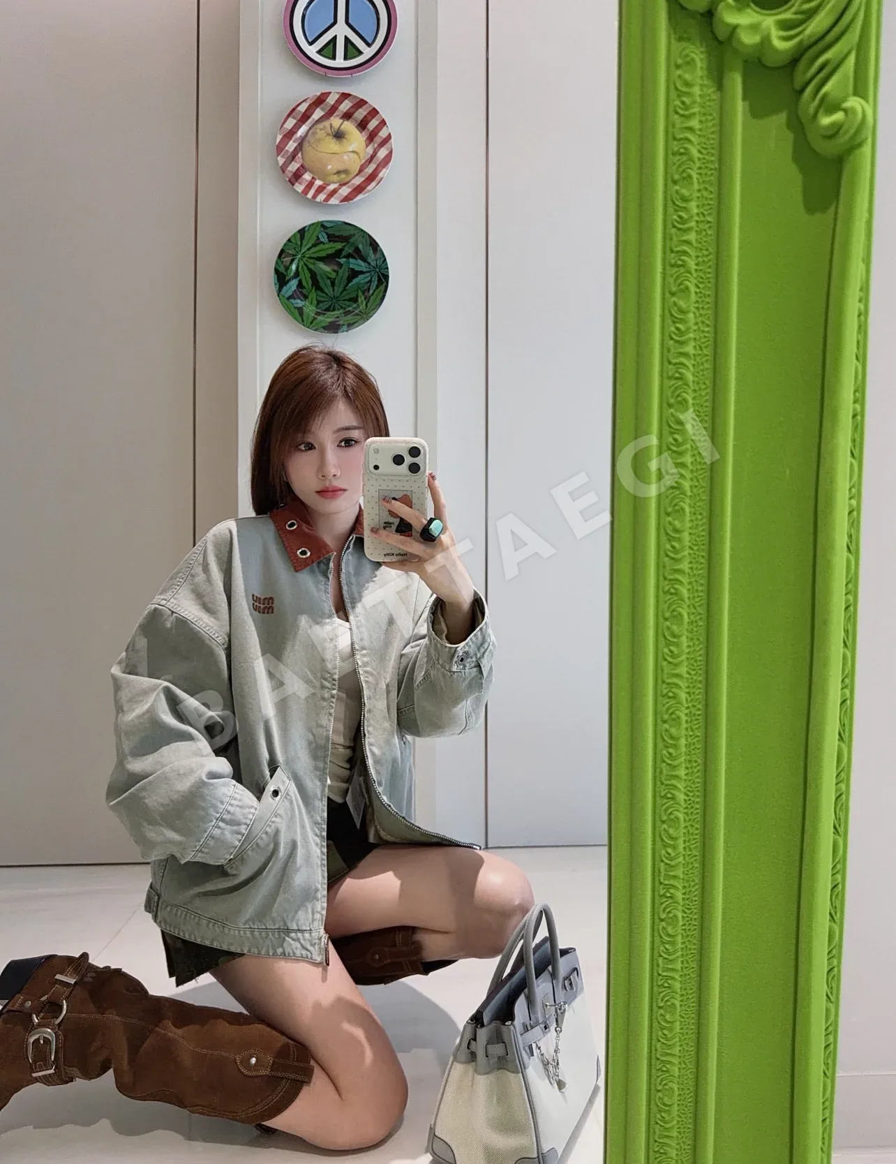 미우미우 회녹색 코튼 데님 크롭 자켓 상세 이미지 2