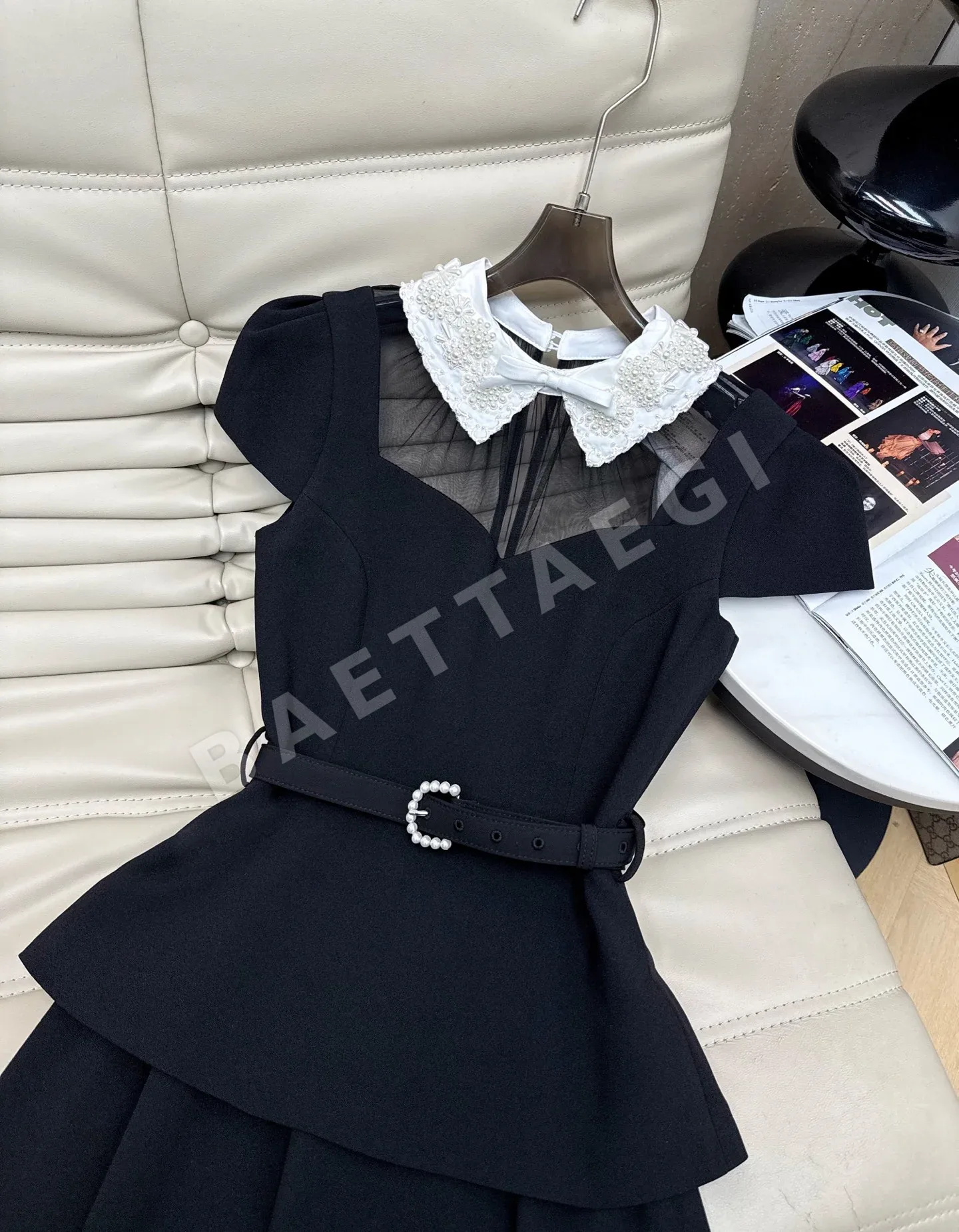 셀프포트레이트 피터팬 카라 메시 반소매 블랙 슬림 원피스 상세 이미지 3