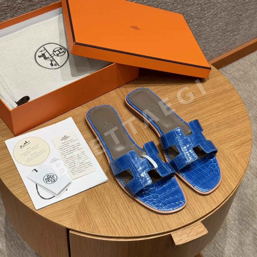 에르메스 오란 샌들 Blue 악어가죽 H 컷아웃 165594