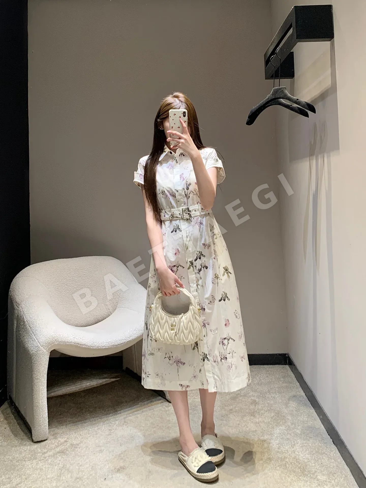 디올 아이리스 나비 프린트 반소매 미디 셔츠 원피스