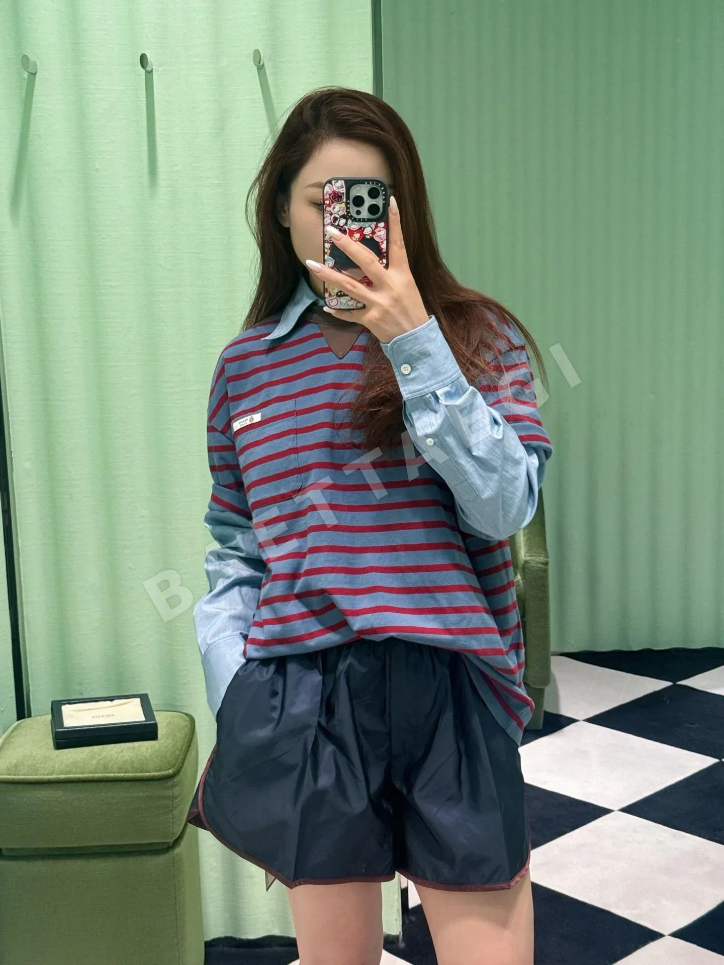 프라다 스트라이프 오버핏 코튼 반팔 티셔츠 상세 이미지 7
