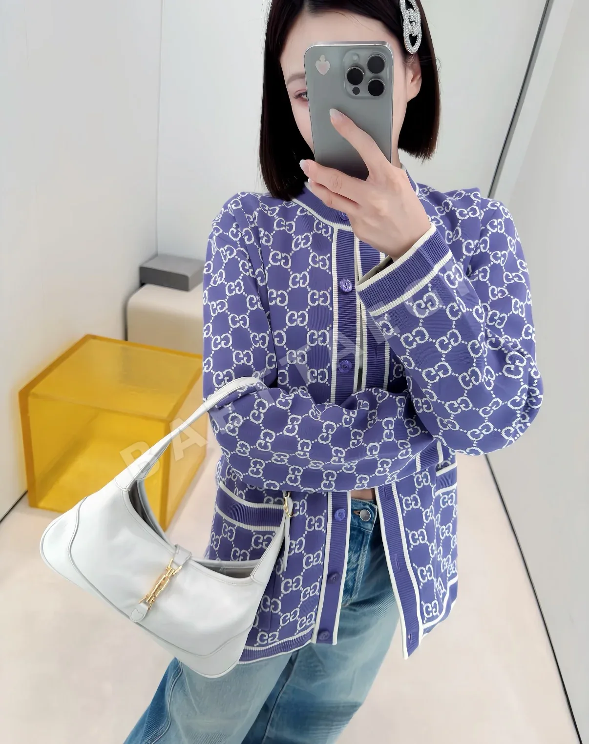 구찌 퍼플 GG 모노그램 가디건 91786