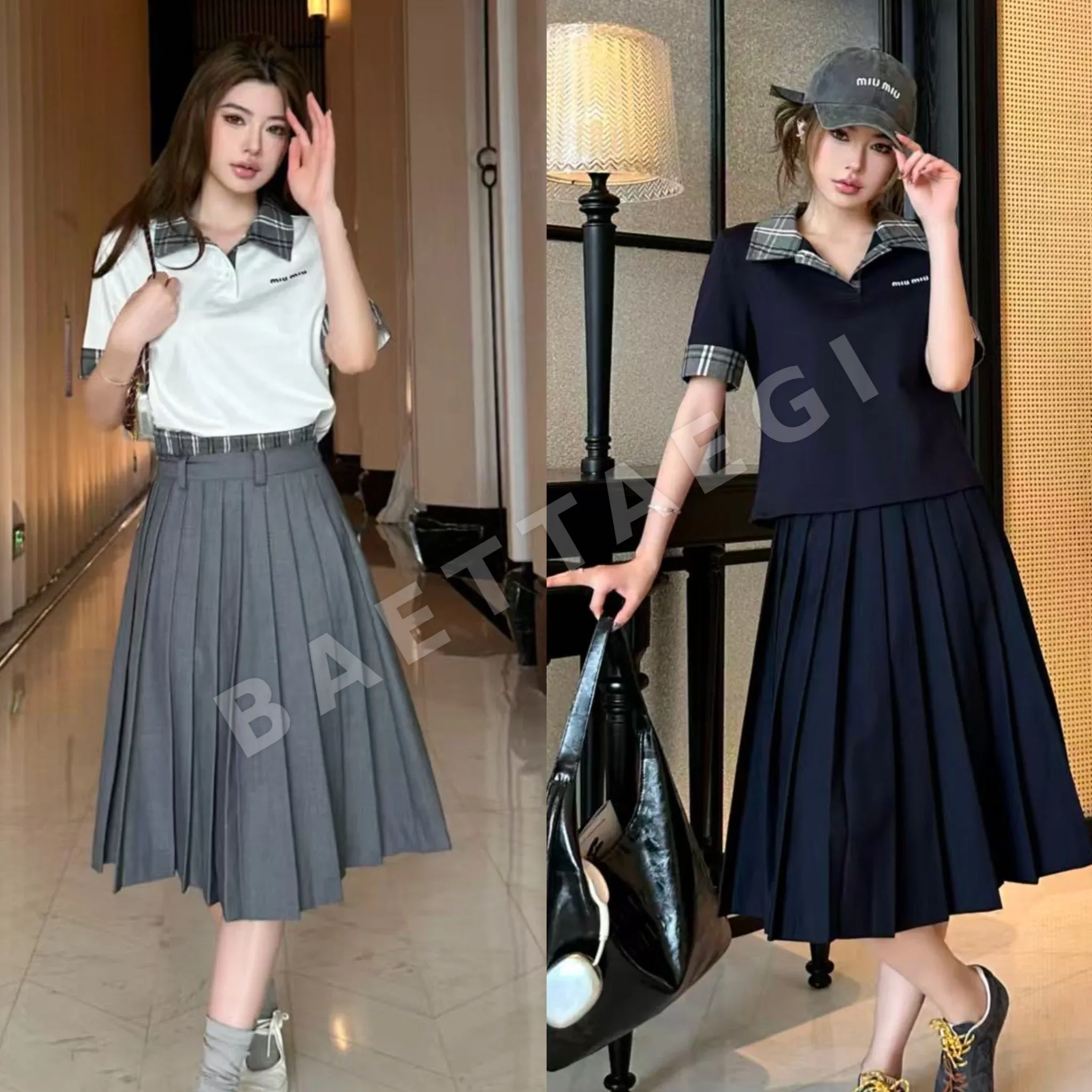 미우미우 패치워크 체크 반소매 탑 플리츠 스커트 세트 52298