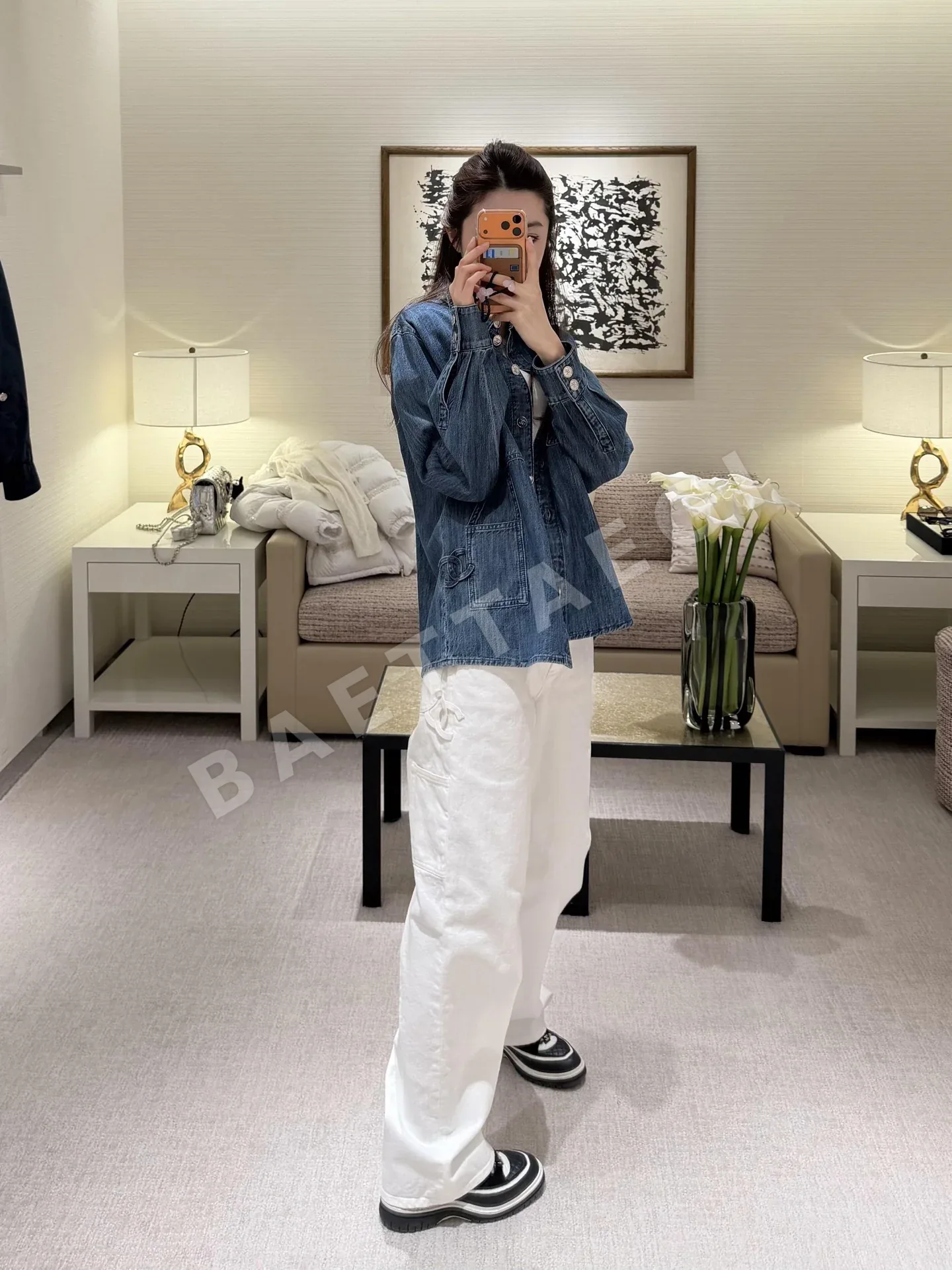샤넬 더블 C 링 버클 하이웨이스트 와이드 데님 바지 상세 이미지 3