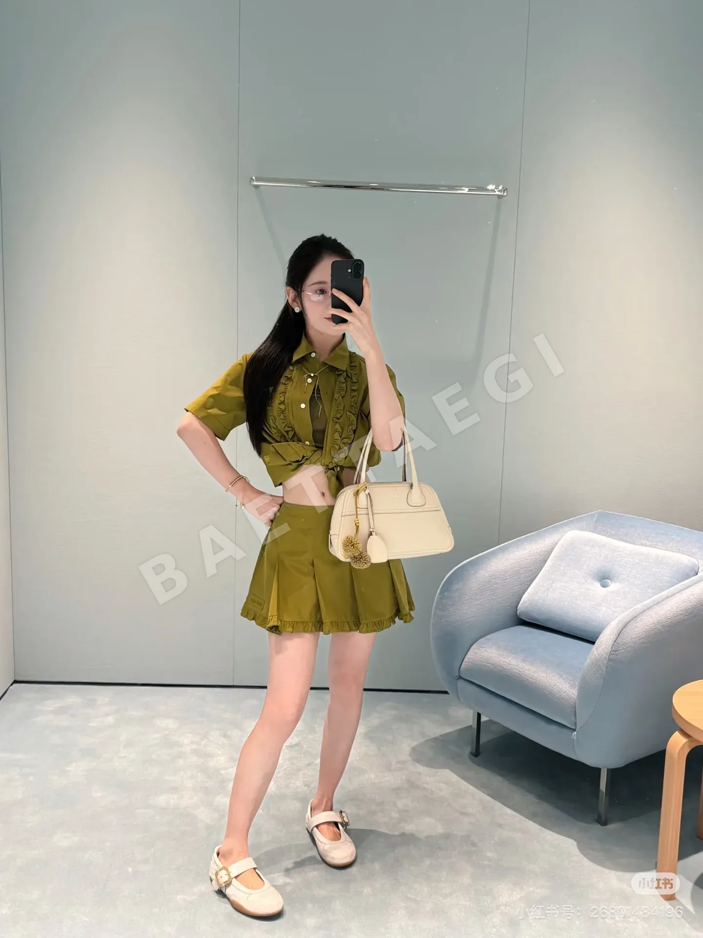 샤넬 올리브 그린 프릴 여성 세트 상세 이미지 6
