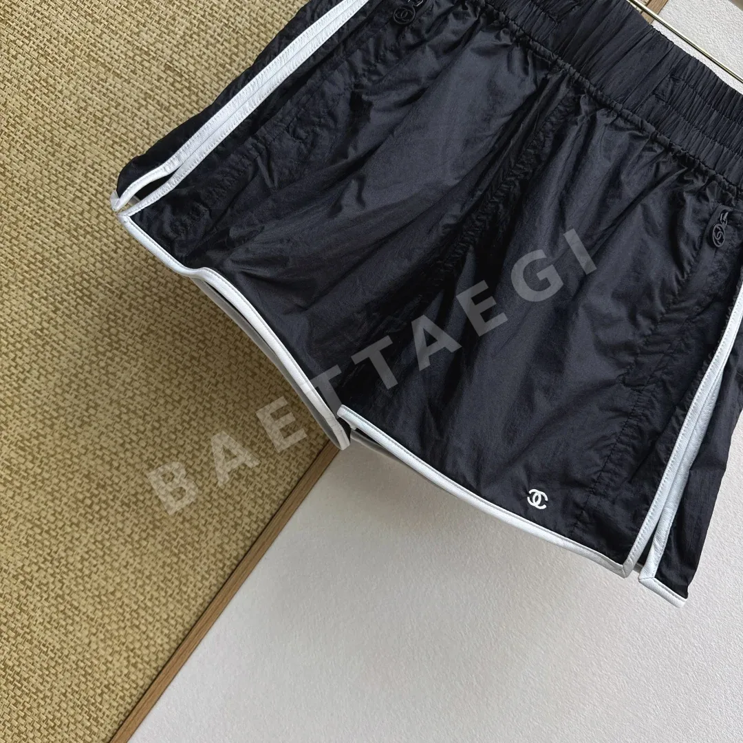샤넬 램스킨 트리밍 컬러 블록 여성 하이웨이스트 액티브 반바지 상세 이미지 6