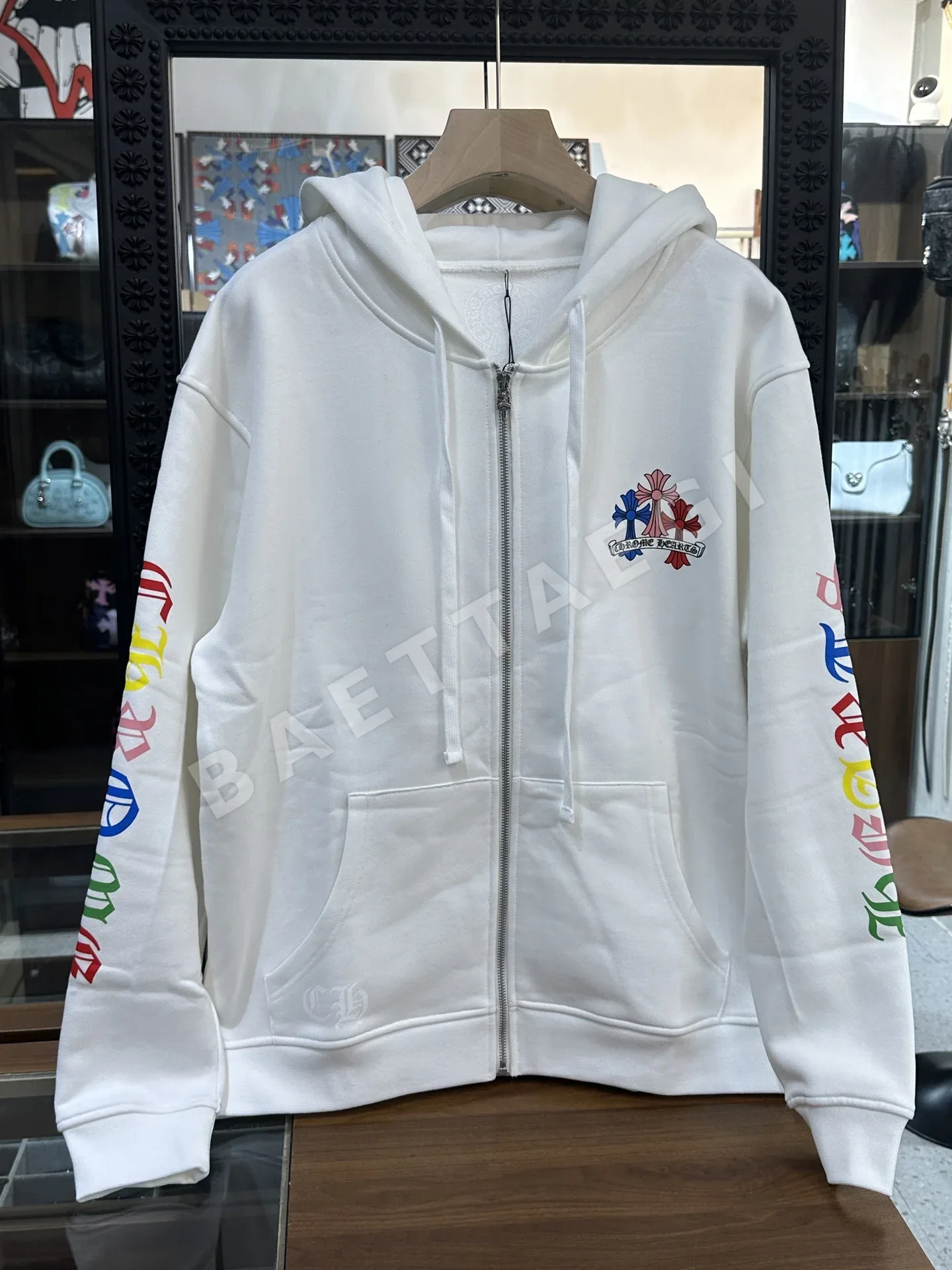 크롬하츠 컬러풀 크로스 화이트 집업 후드 163350