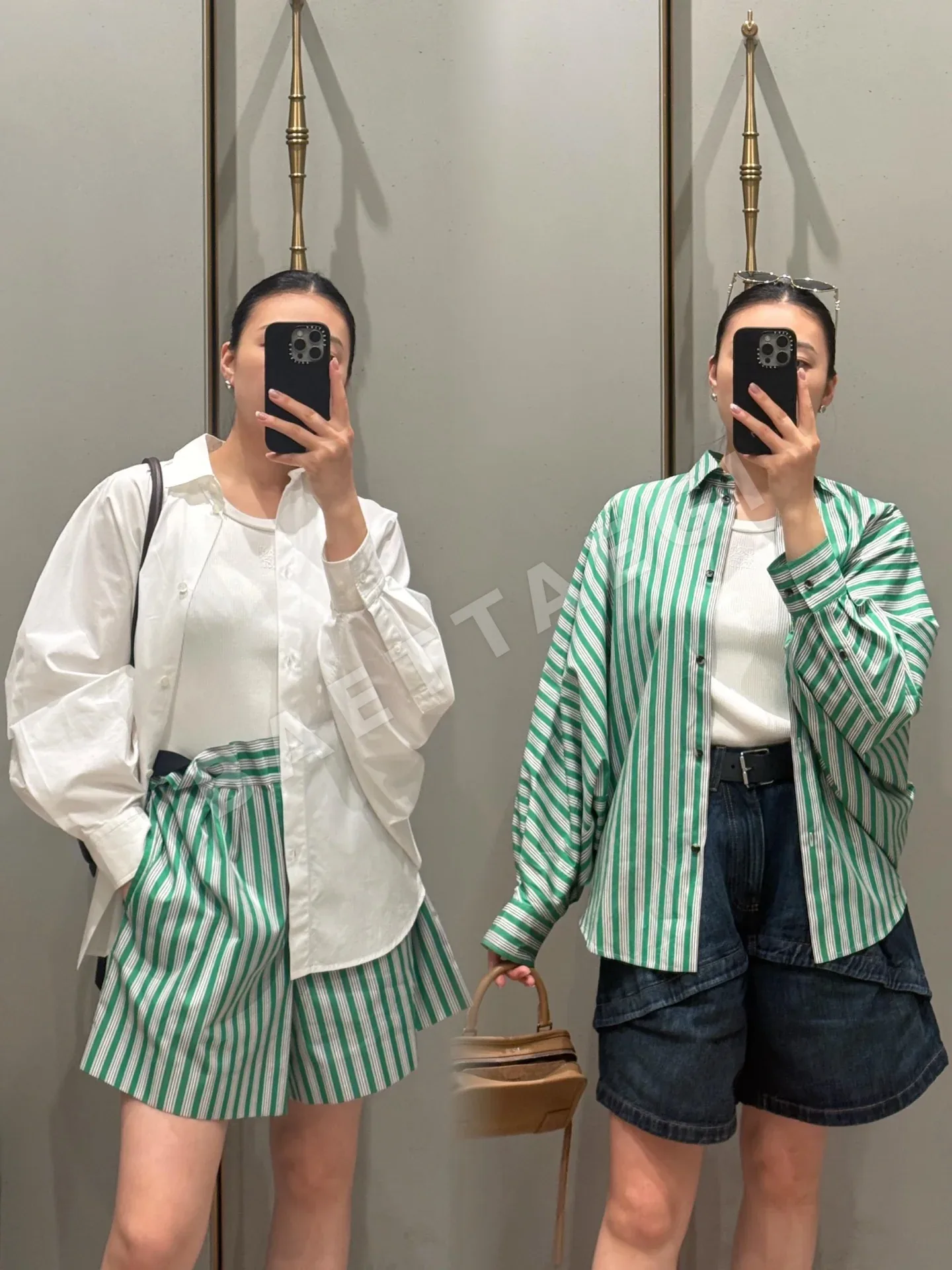 로에베 그린 화이트 스트라이프 드롭 숄더 셔츠 상세 이미지 9