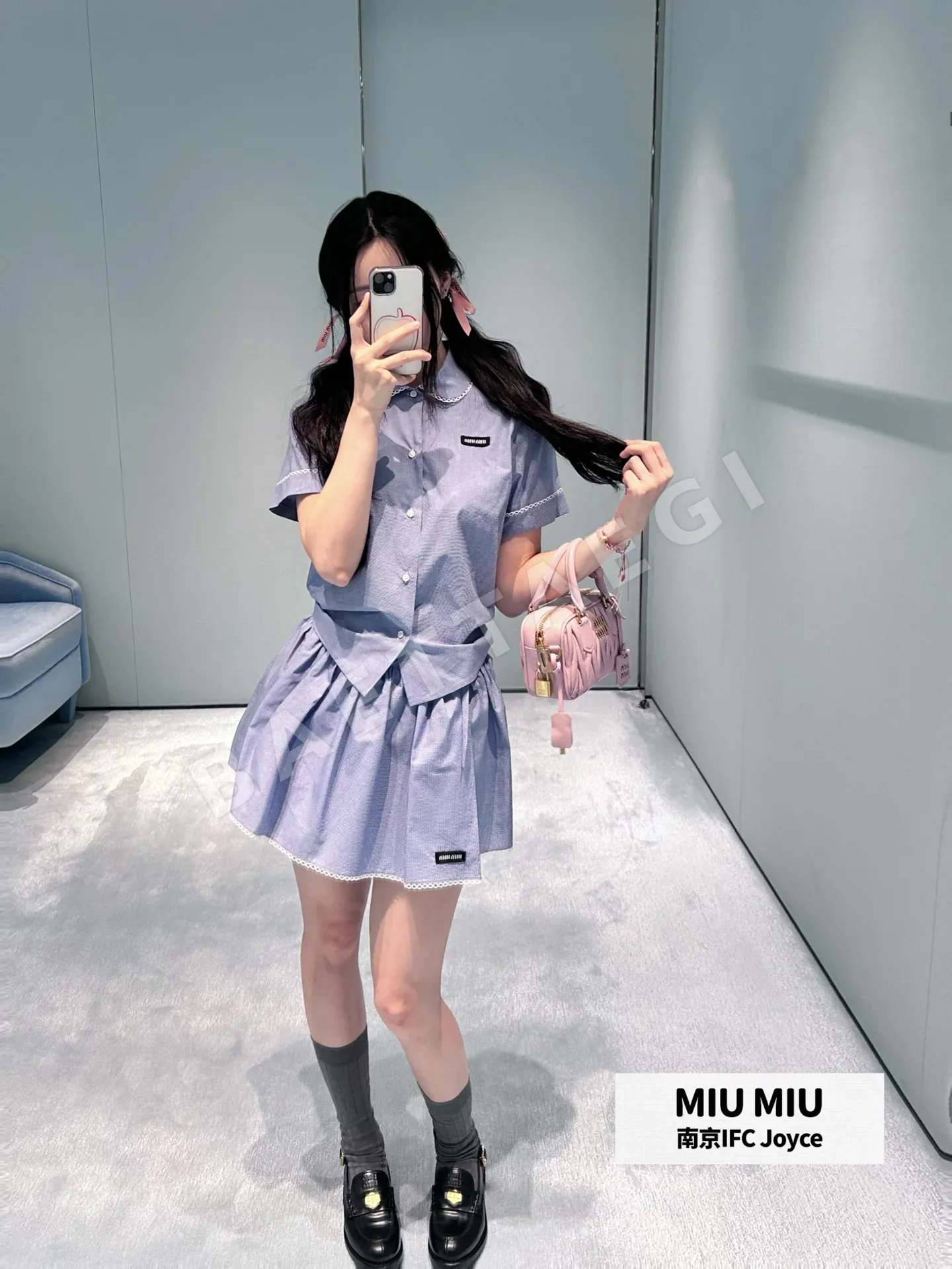 미우미우 블루 체크 피터팬 카라 반팔 셔츠 스커트 세트 상세 이미지 5