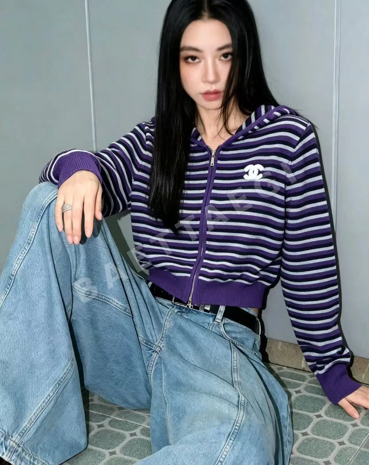 샤넬 스트라이프 후드 울 가디건 166601