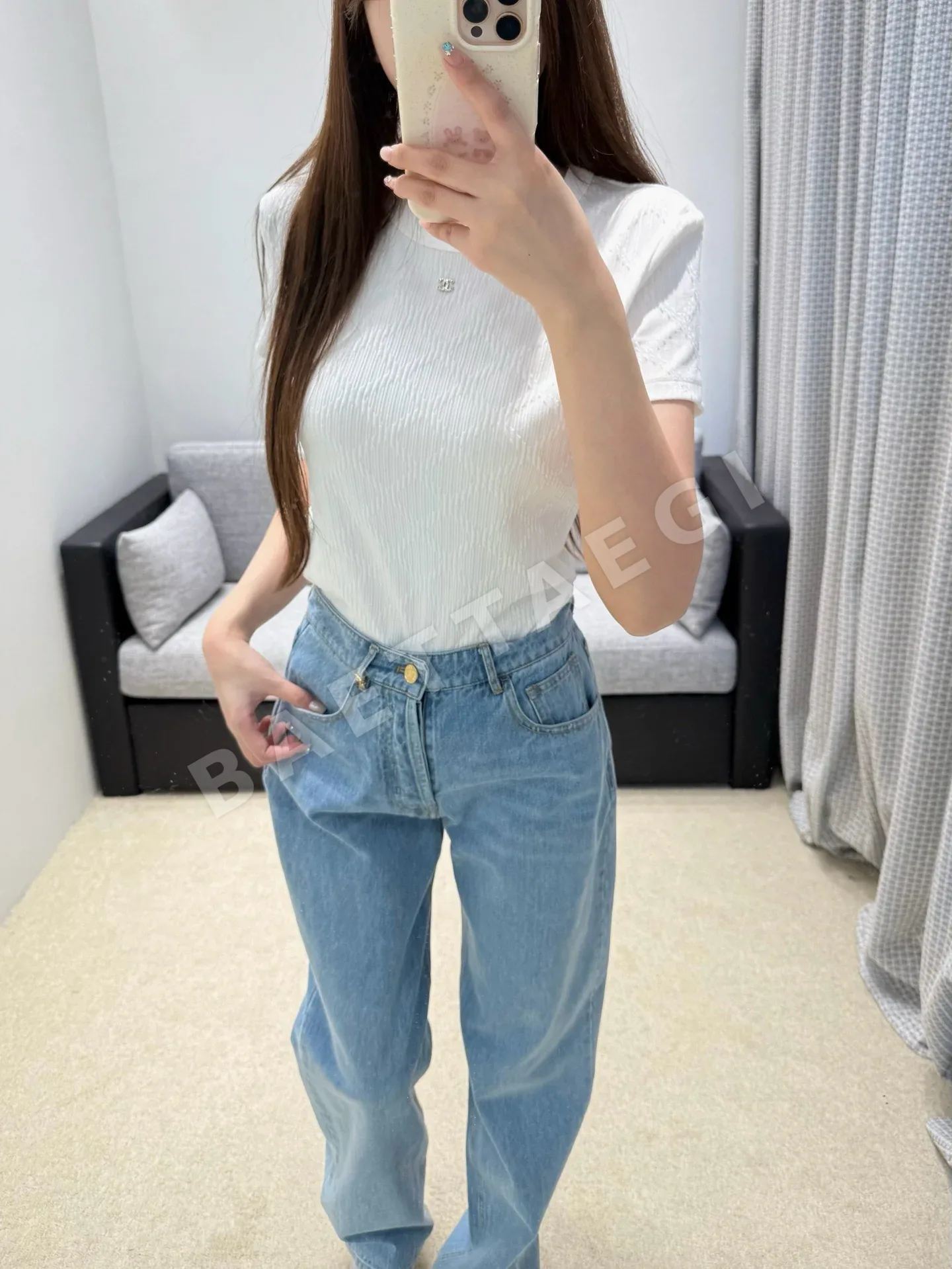 샤넬 퀼팅 미니 로고 반팔 니트 탑 상세 이미지 8