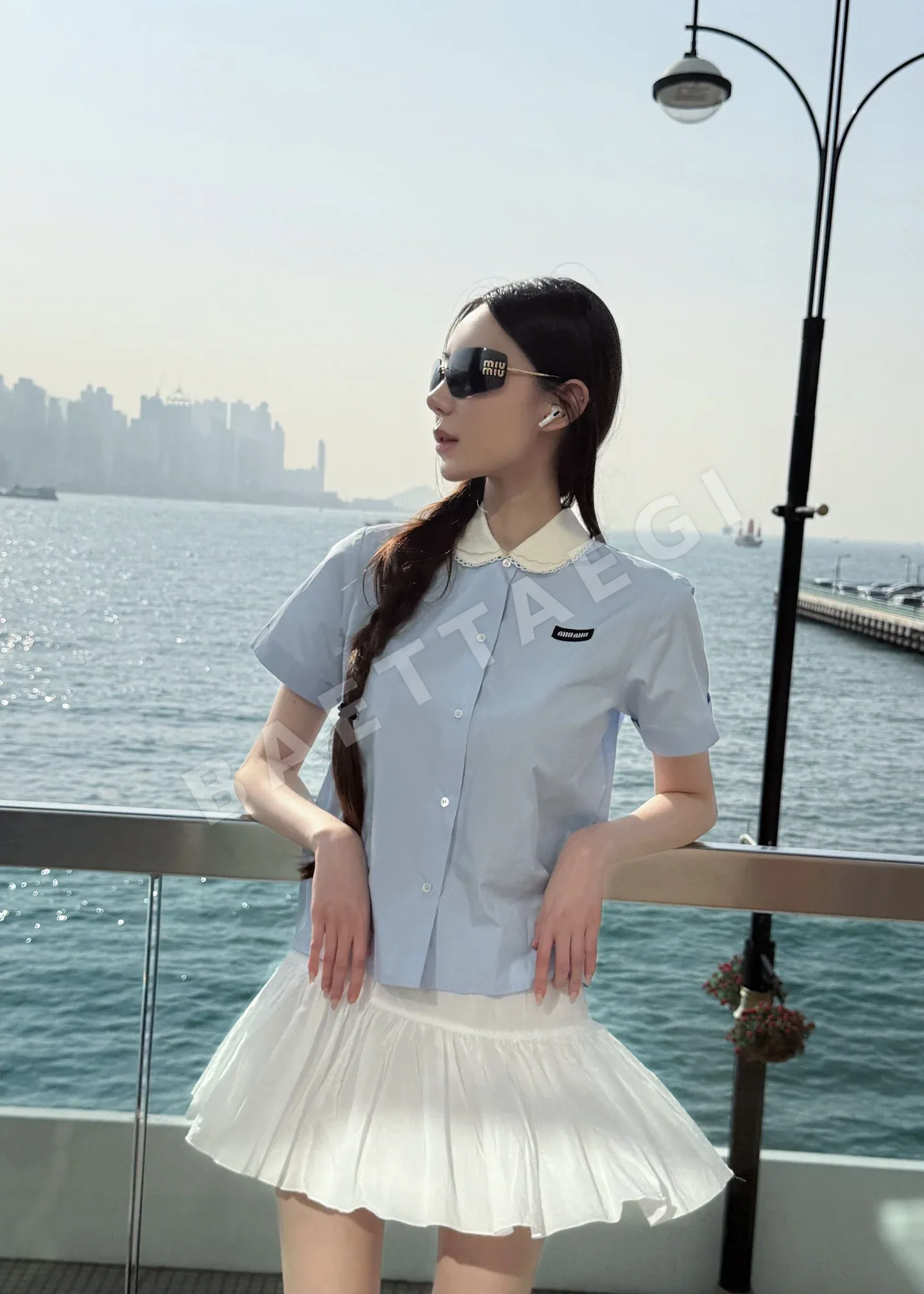 미우미우 피터팬 카라 레이스 배색 반팔 셔츠 상세 이미지 2