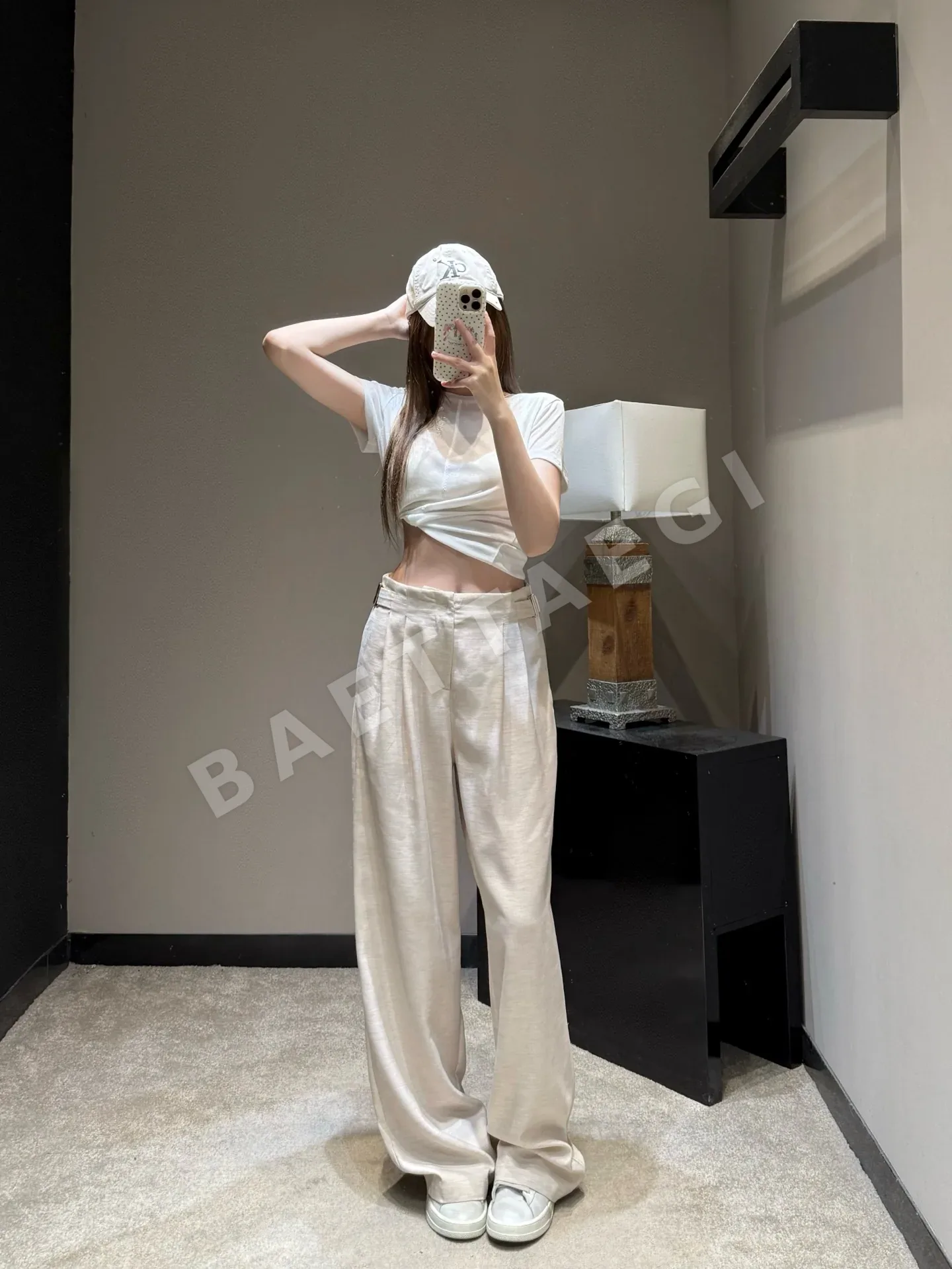 미우미우 메탈 버클 린넨 와이드 바지 상세 이미지 6