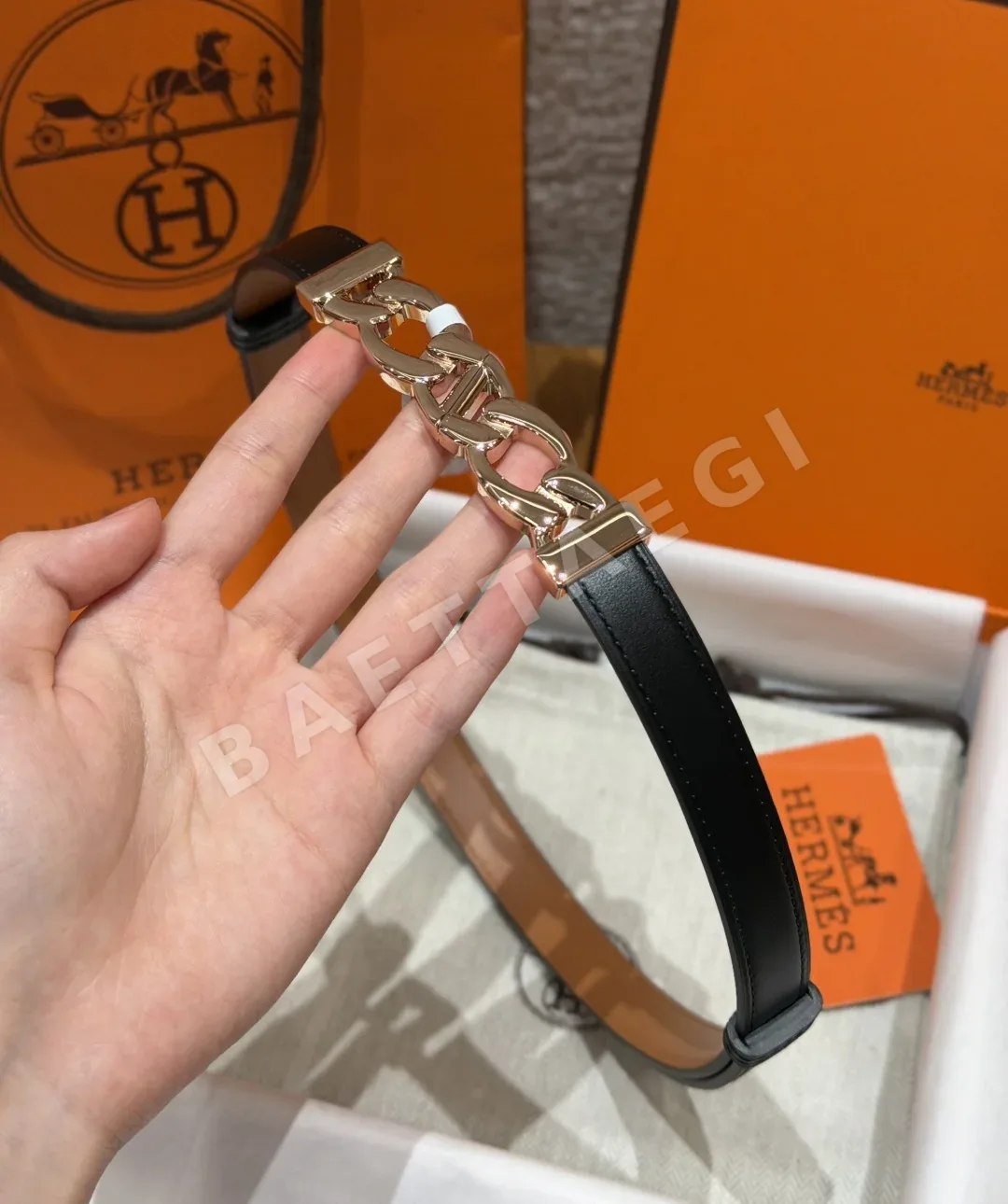 에르메스 H브랜드 체인 메탈 소가죽 벨트 상세 이미지 3