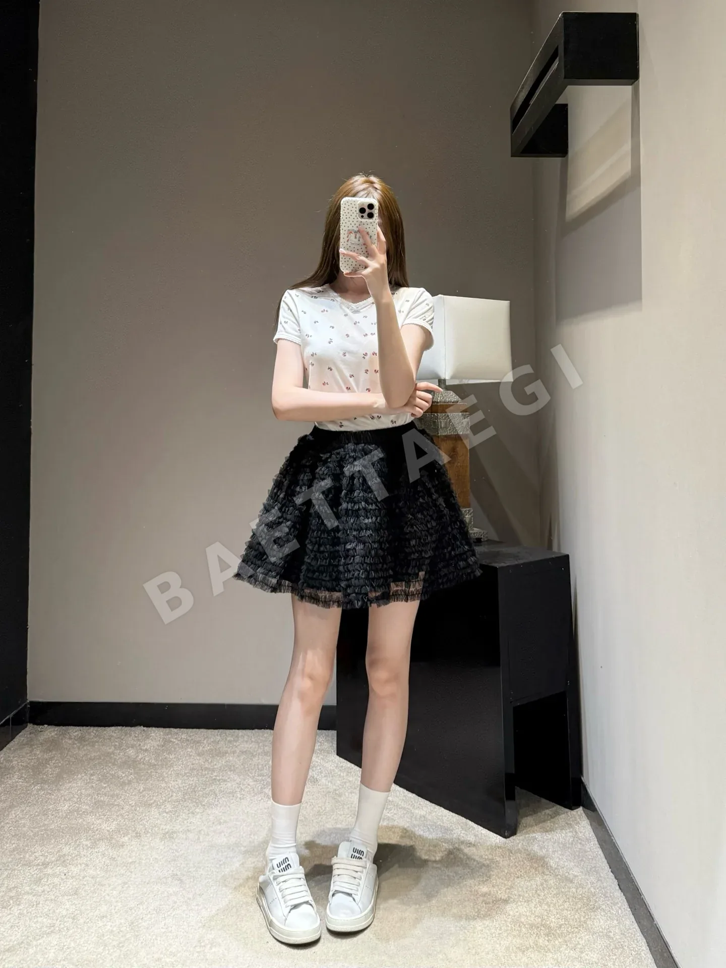 미우미우 블랙 레이어드 메시 A라인 스커트 상세 이미지 2