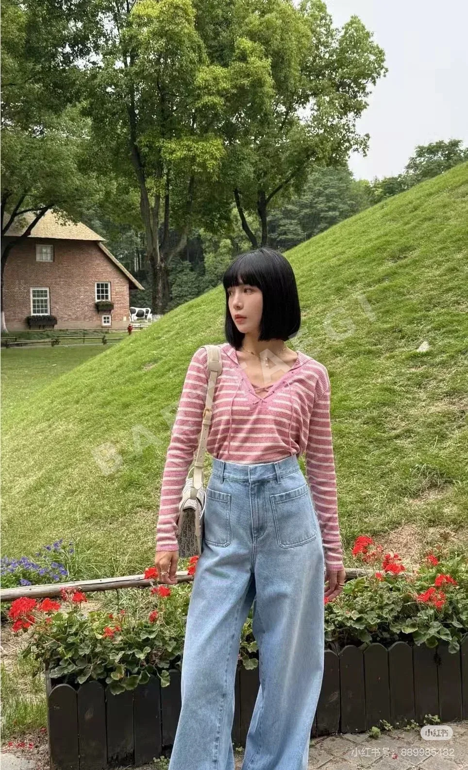 디올 린넨 혼방 스트라이프 V넥 니트 가디건 상세 이미지 7