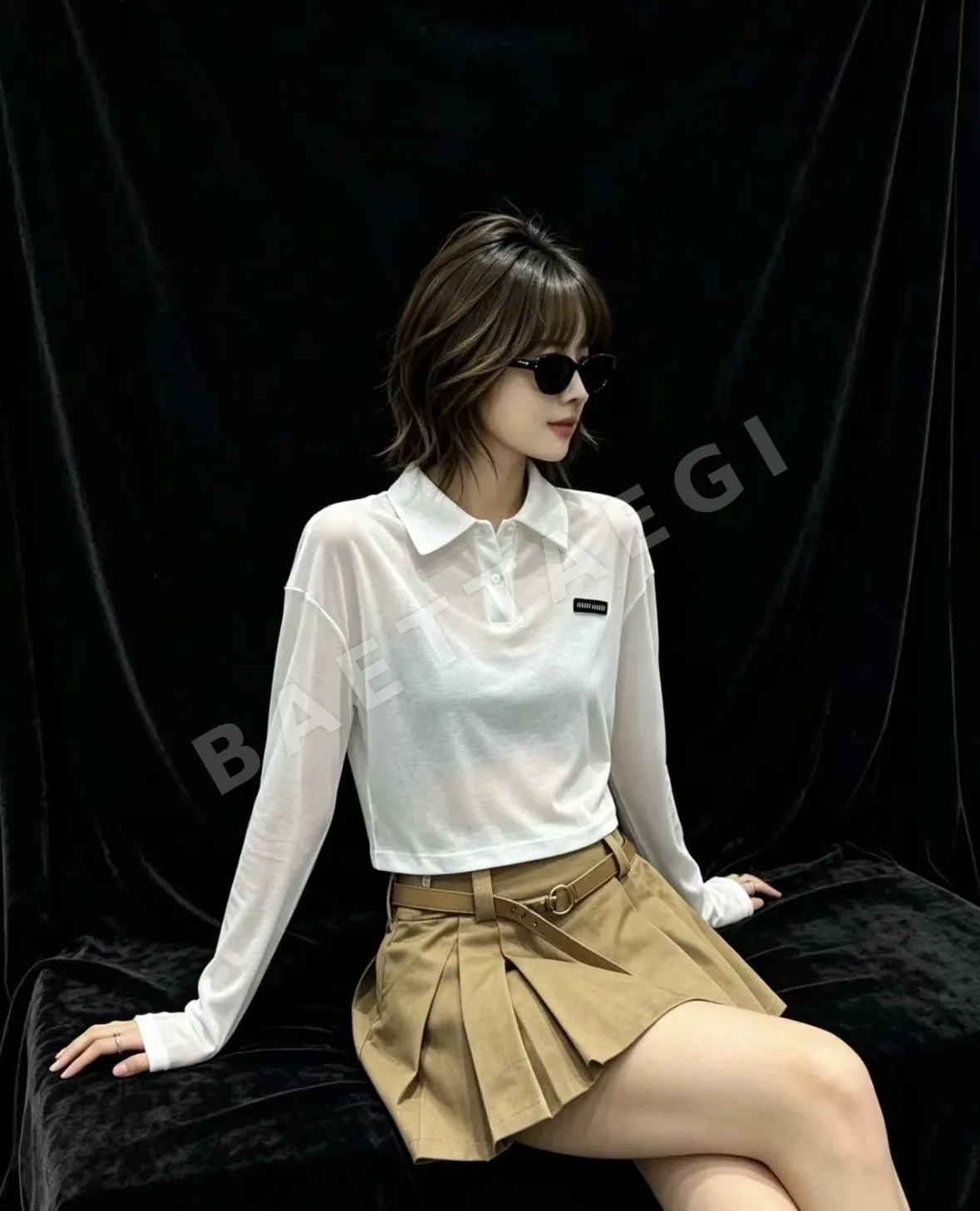 미우미우 숏 폴로 카라 크롭 긴팔 티셔츠 상세 이미지 2