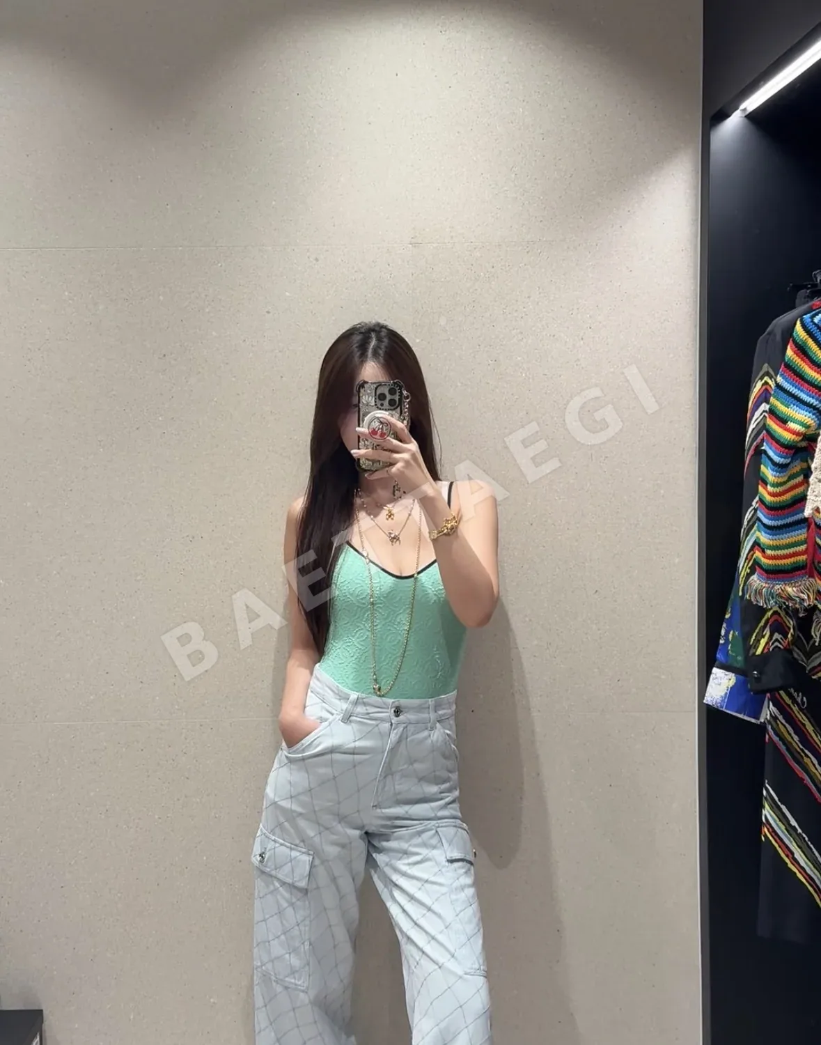 샤넬 여성 민트톤 자카드 U넥 스윔수트 상세 이미지 6