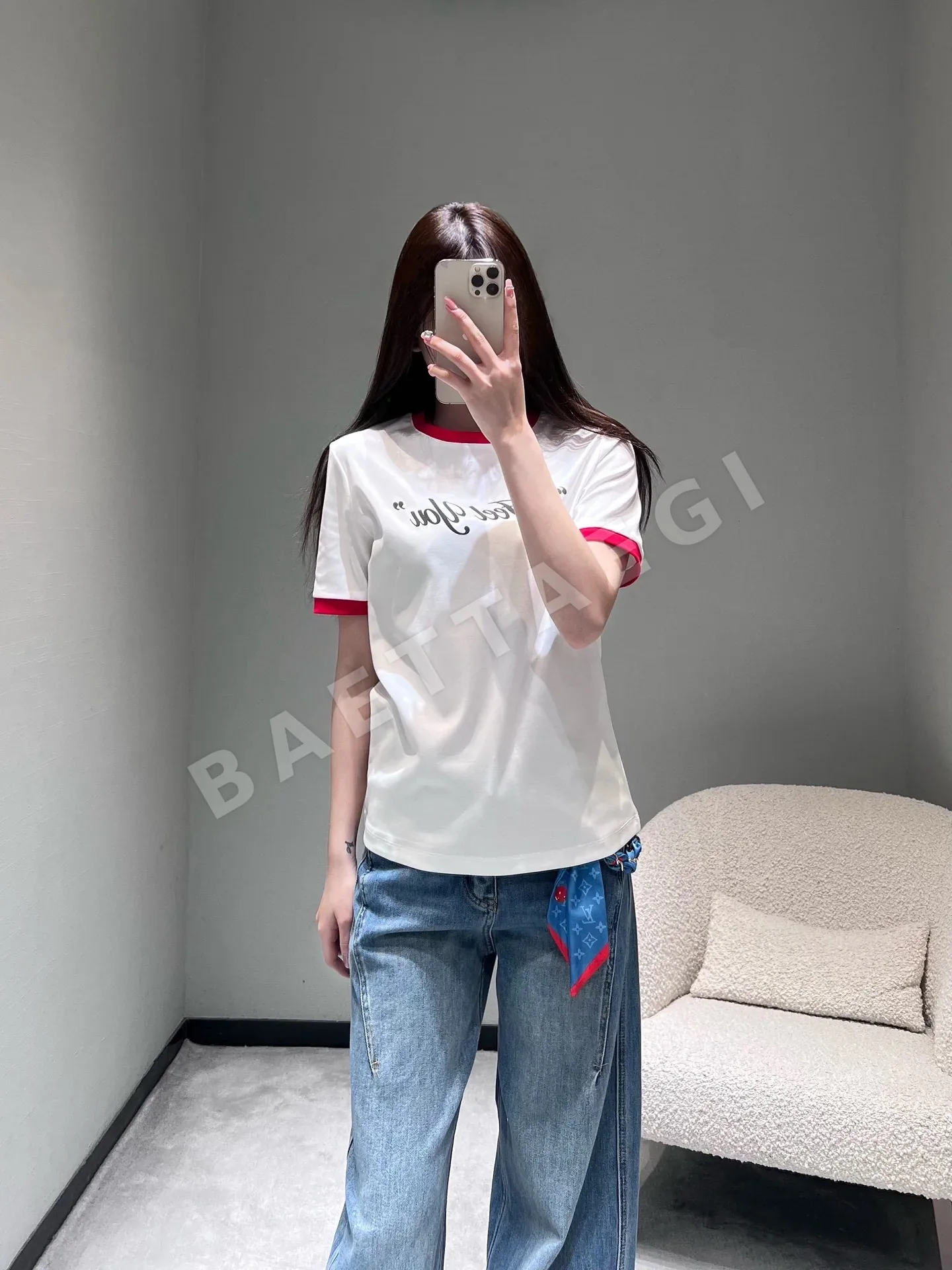 디올 카라 블록 레터 프린트 반팔 티셔츠 상세 이미지 3