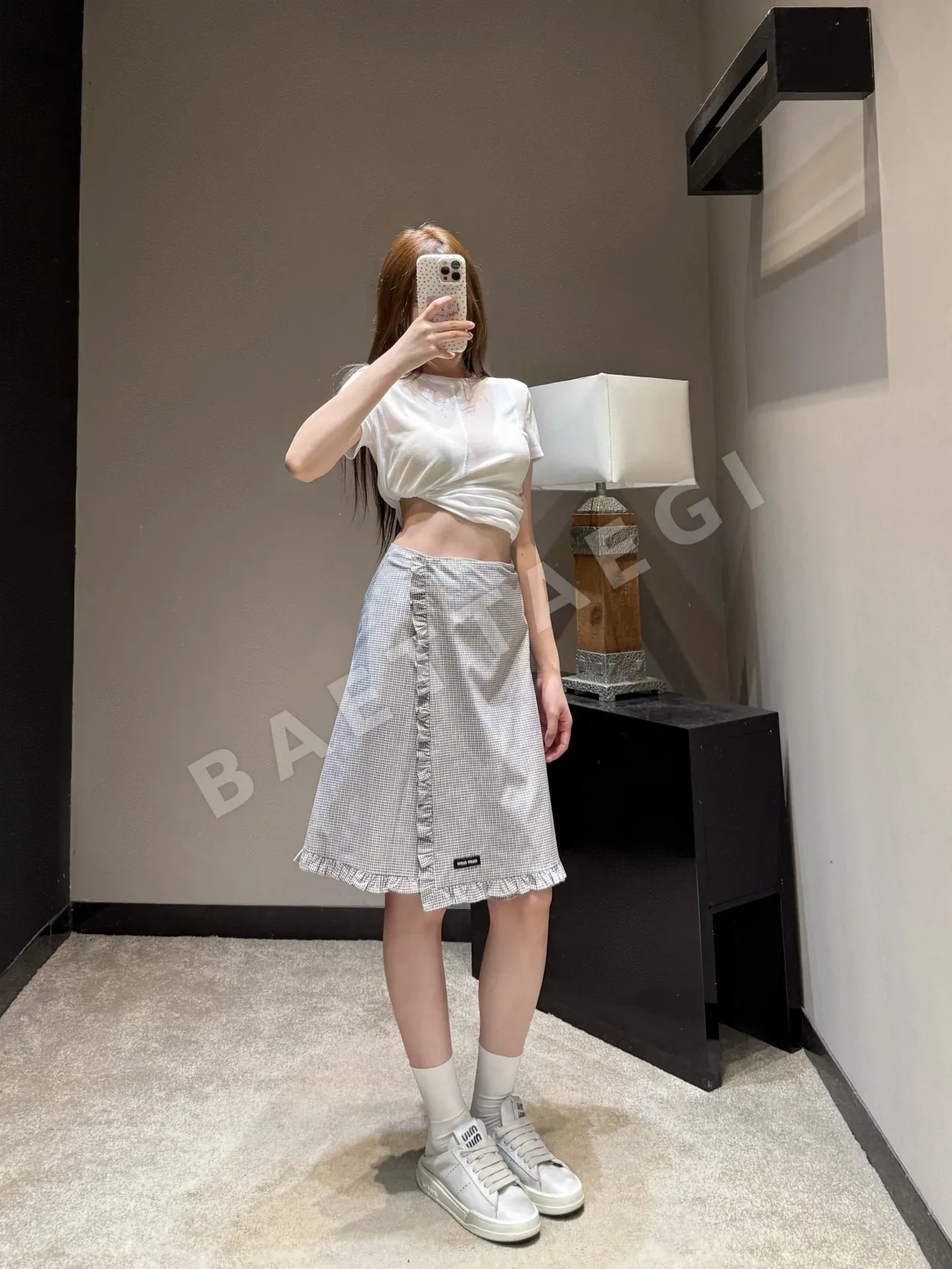 미우미우 체크 비대칭 프릴 A라인 스커트 상세 이미지 6