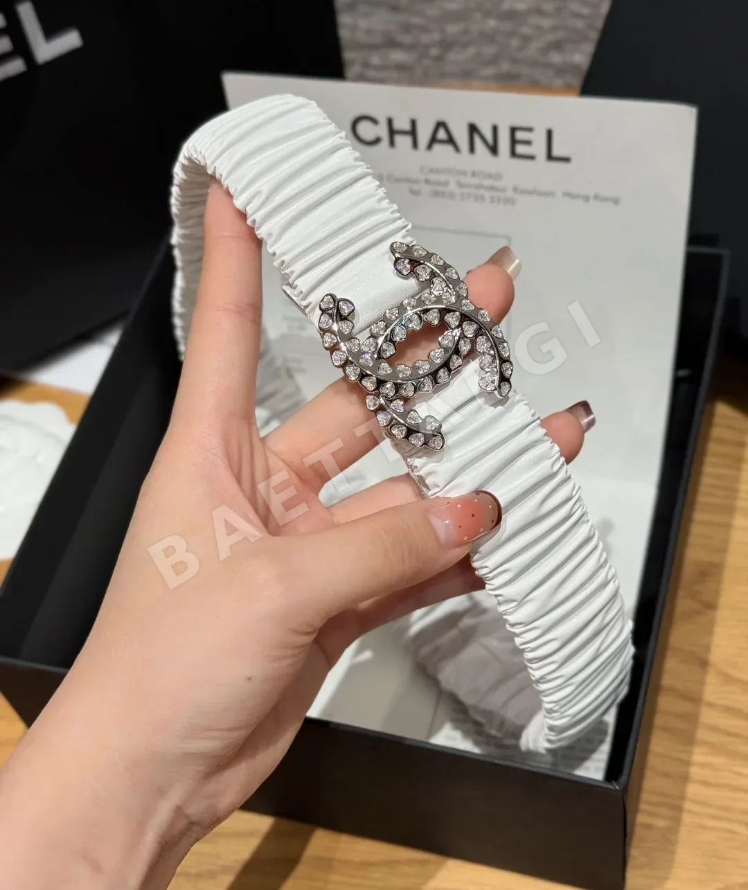 샤넬 더블 C 금속 크리스탈 장식 고무 벨트 상세 이미지 3