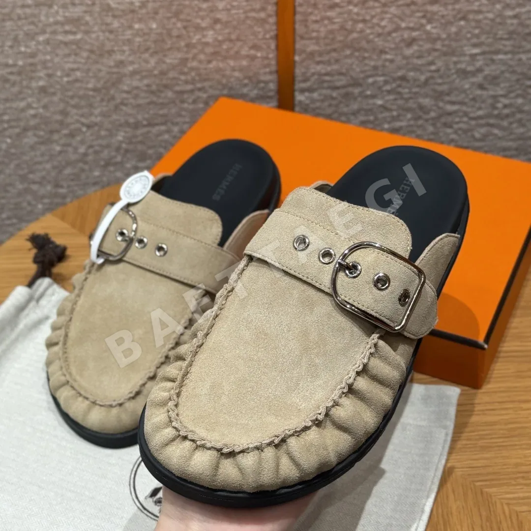 에르메스 키 뮬 샌들 베이지 샤모아 실버 하드웨어 상세 이미지 4