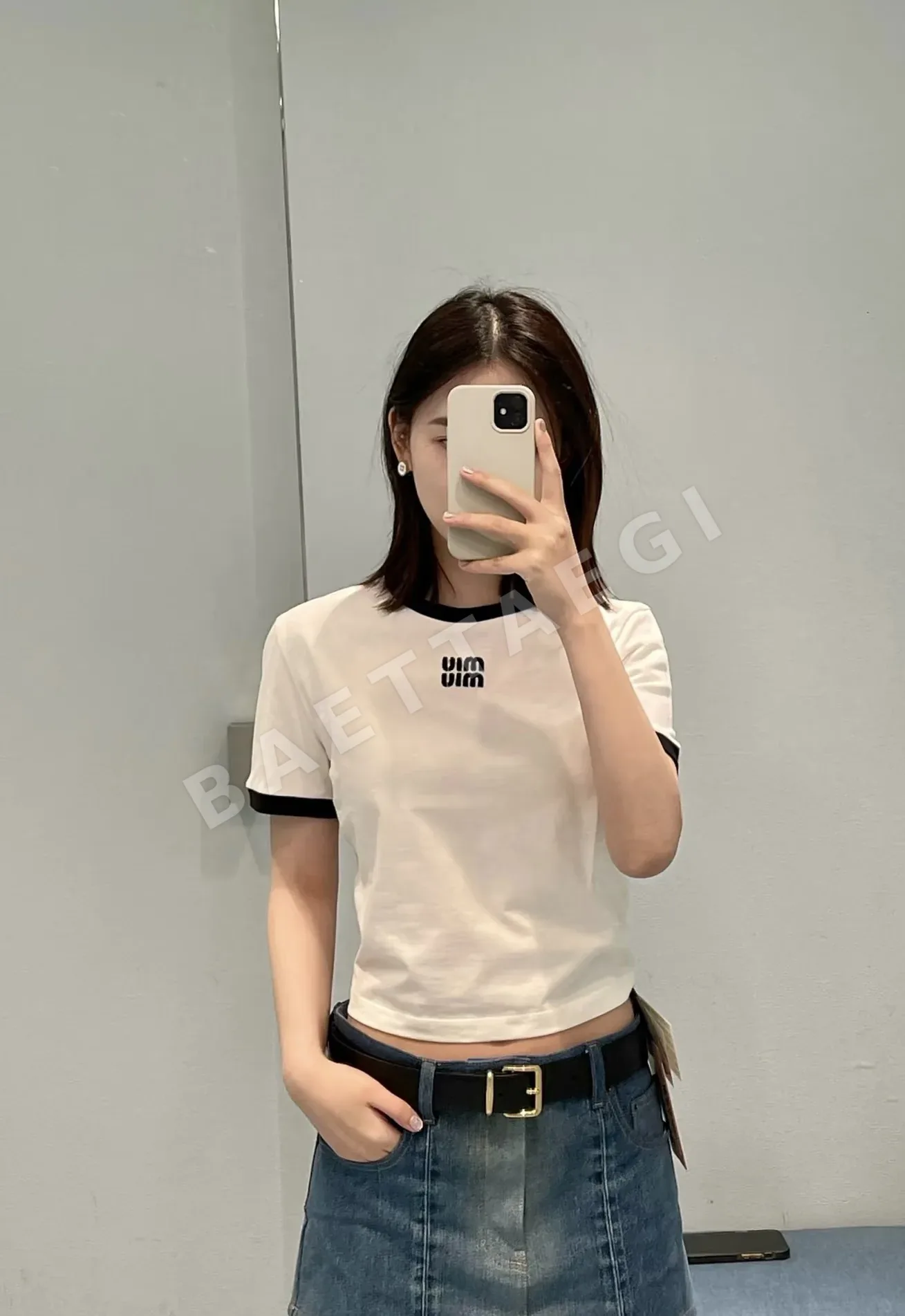 미우미우 컬러 블록 크루넥 반팔 티셔츠 상세 이미지 8