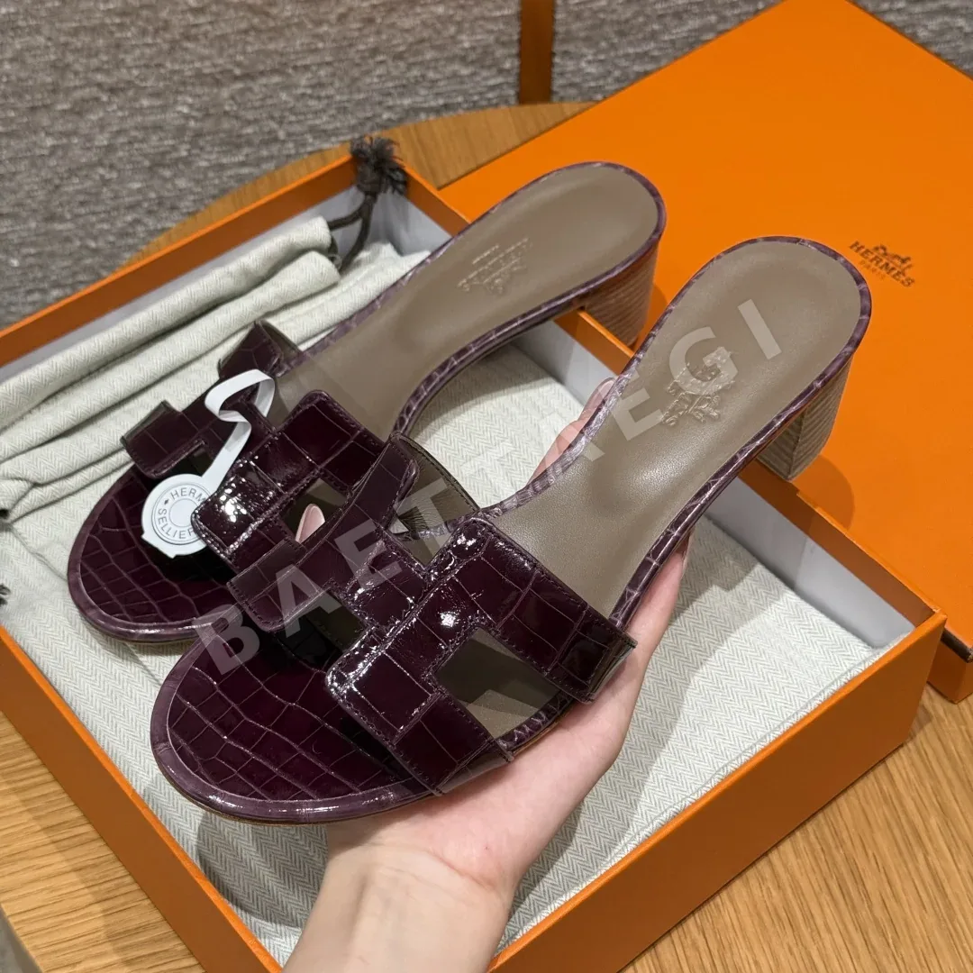 에르메스 오아시스 샌들 가롱 퍼플 악어가죽 하이힐 상세 이미지 3
