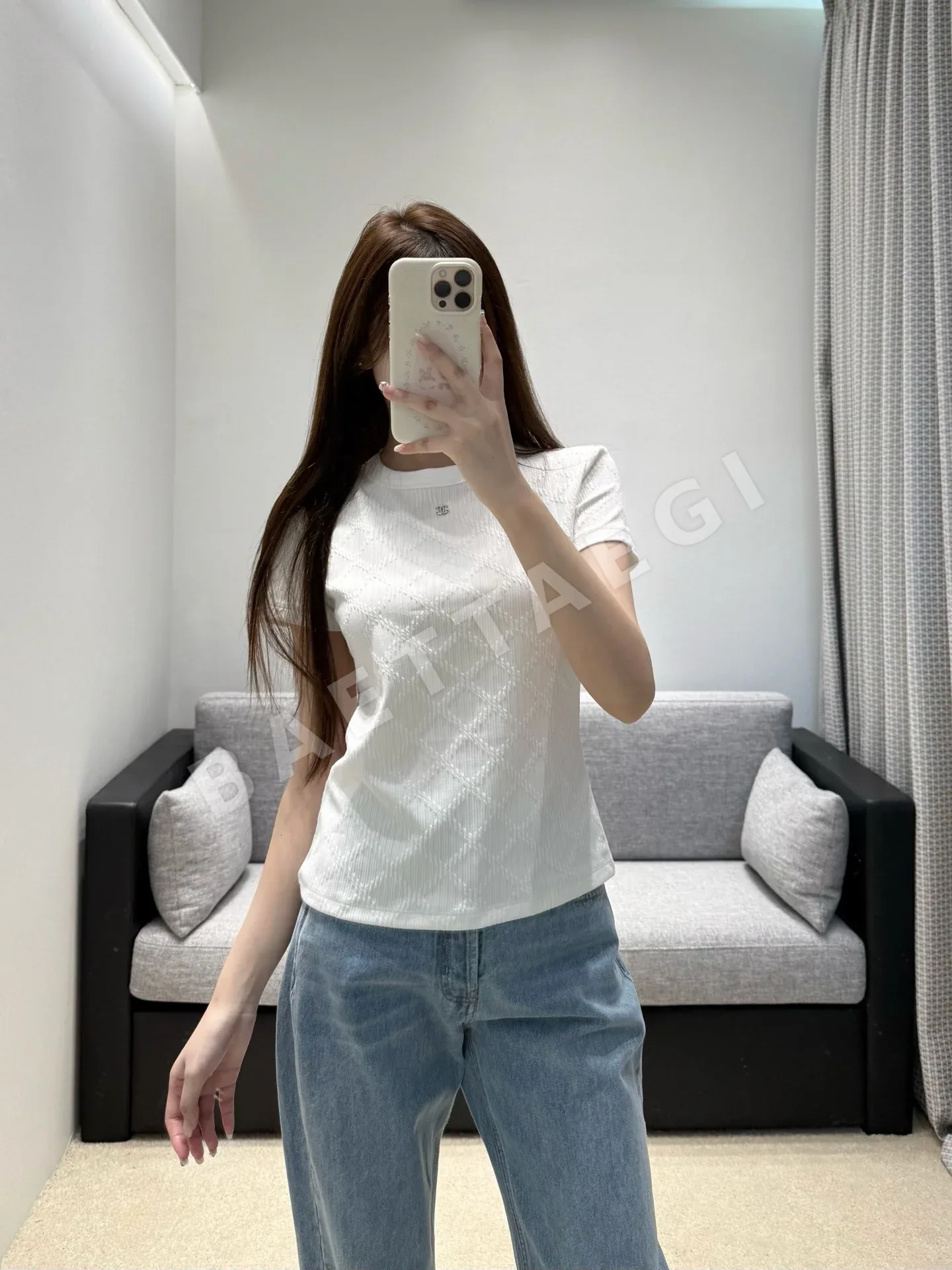 샤넬 퀼팅 미니 로고 반팔 니트 탑 상세 이미지 7