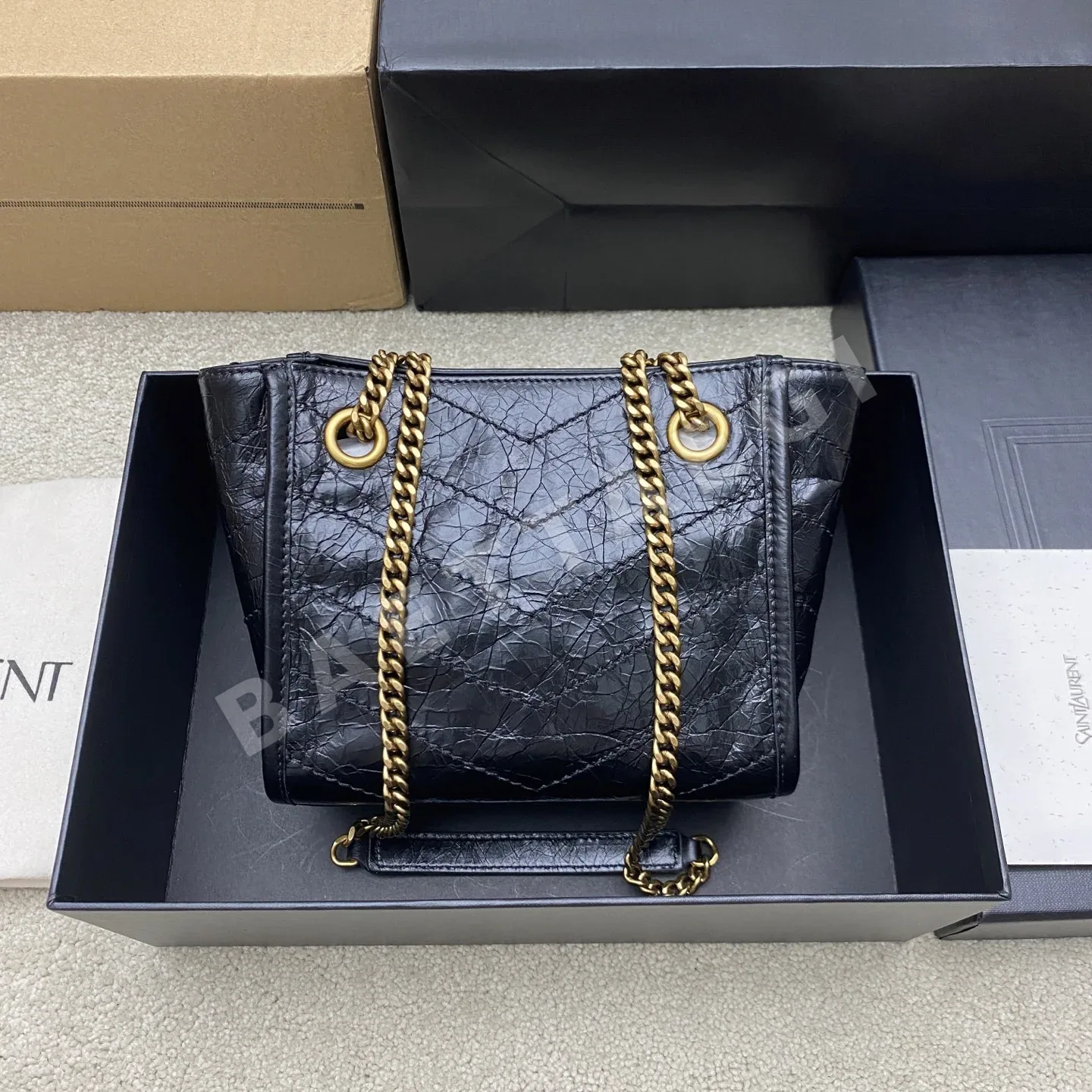 생로랑 오일 왁스 가죽 골드 YSL 로고 니키 미니 토트백 A0088 상세 이미지 2