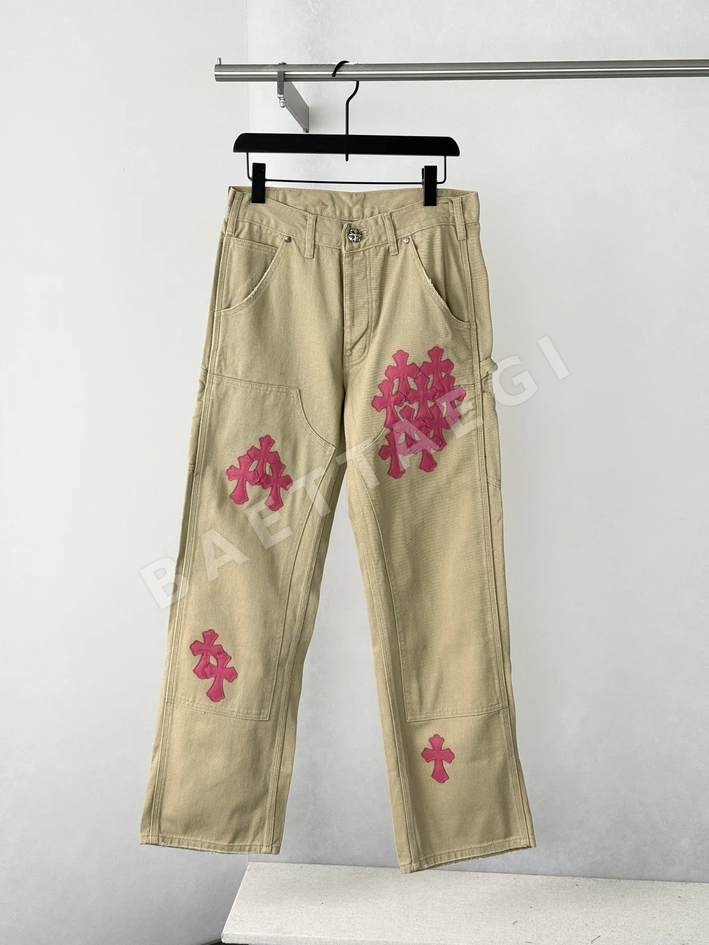 크롬하츠 카키 카펜터 가죽 패치워크 바지 159421